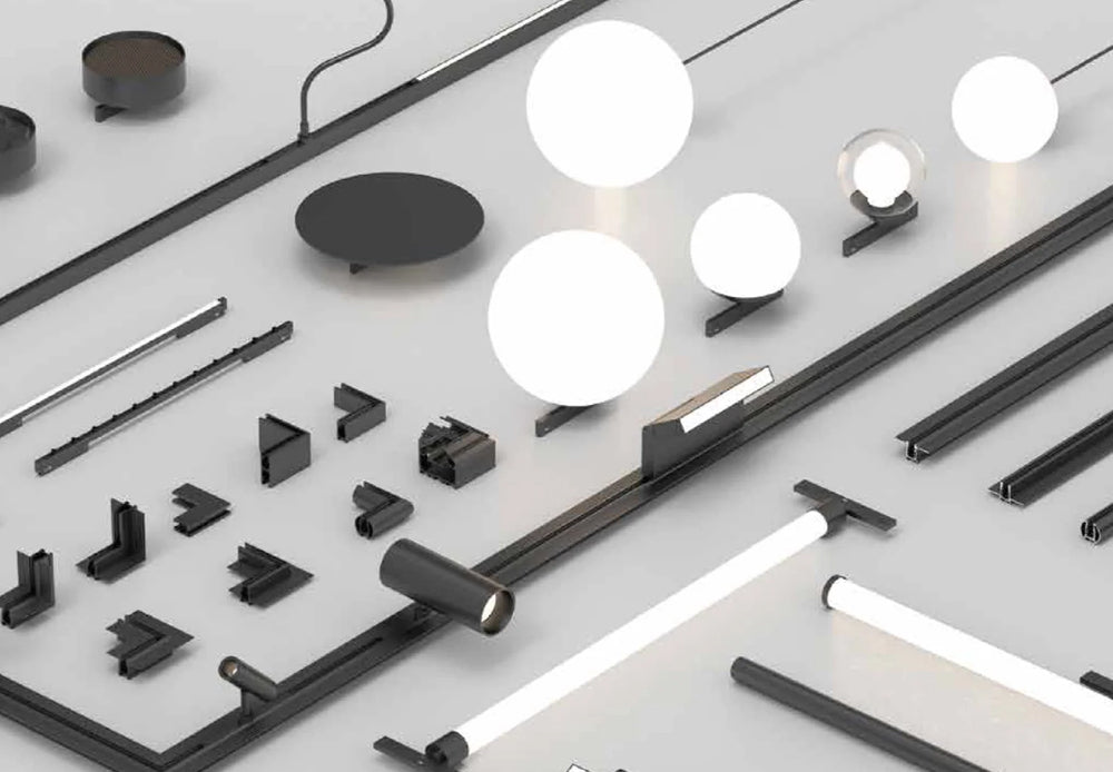 Collection of modern luxury lighting components and fixtures for architectural design