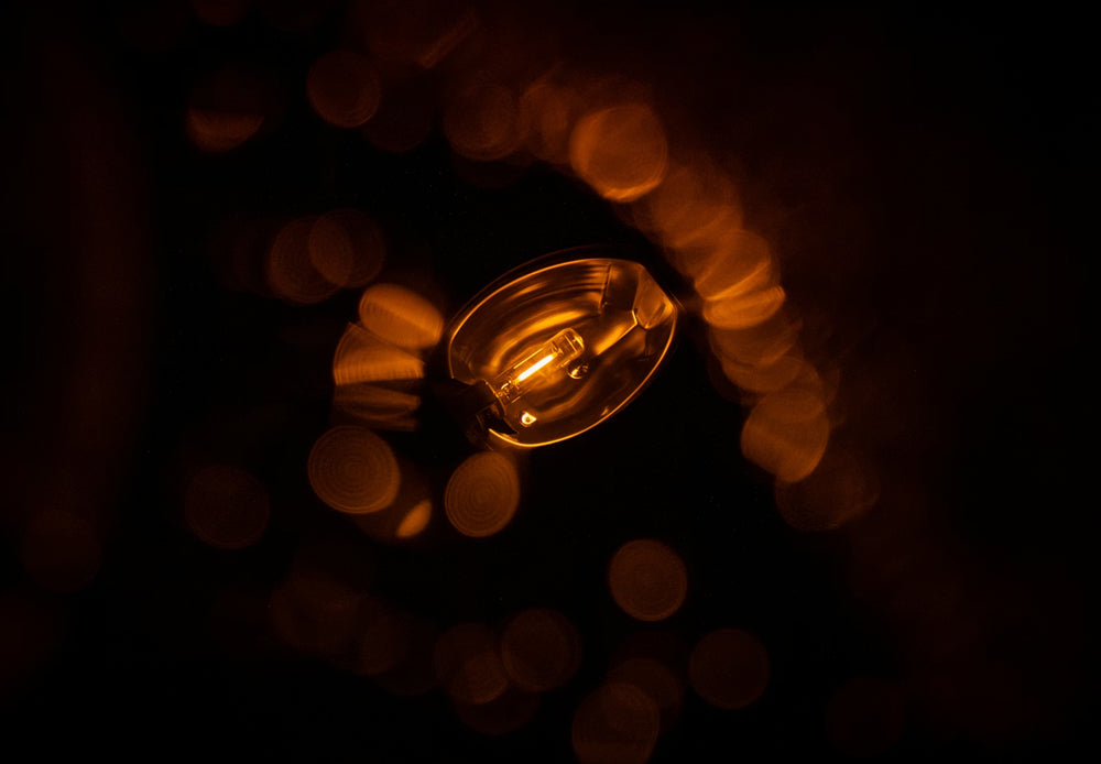 Close-up of a glowing warm orange designer light bulb with soft bokeh background