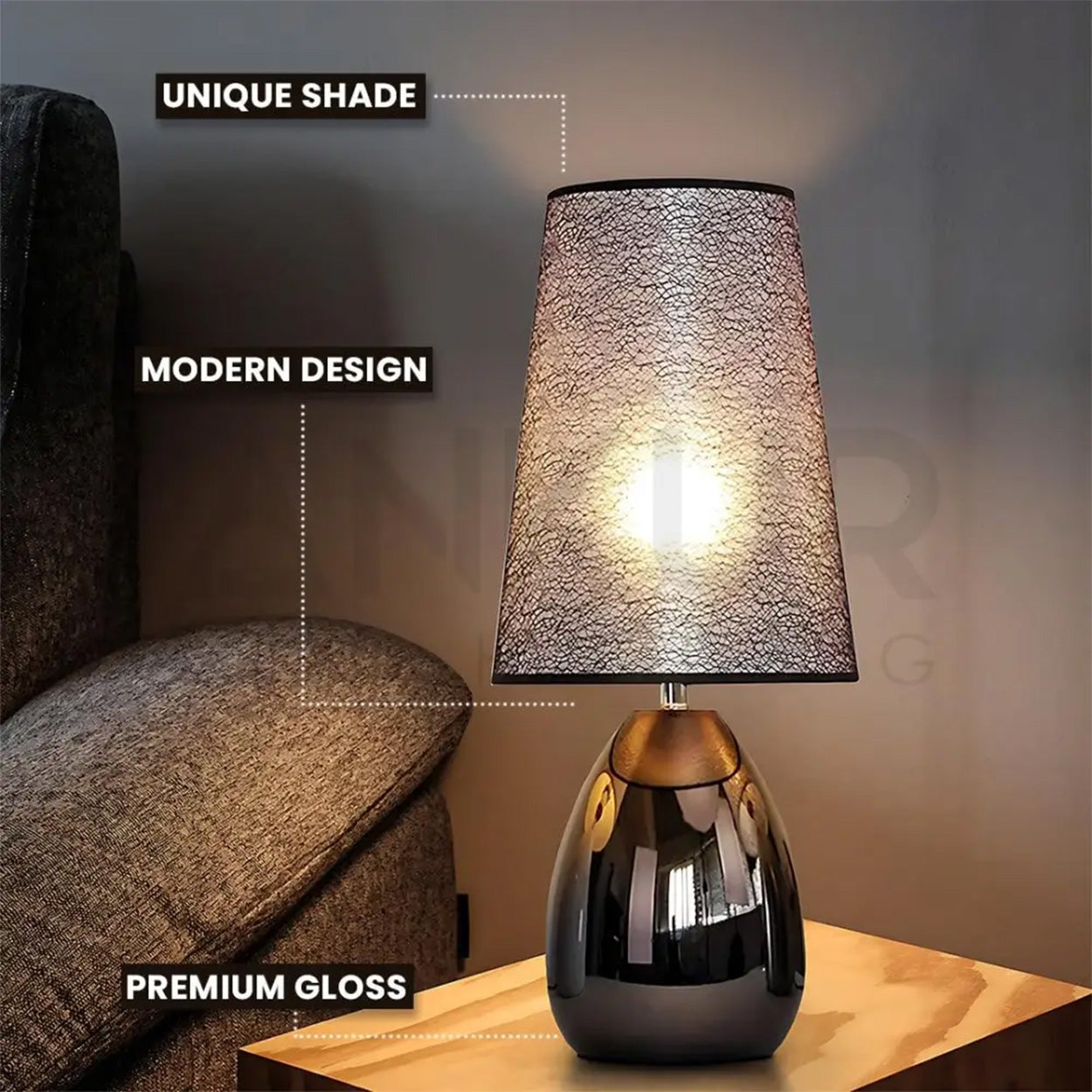 ANKUR NOIR GLOSSY FINISH METAL BEDSIDE TABLE LAMP