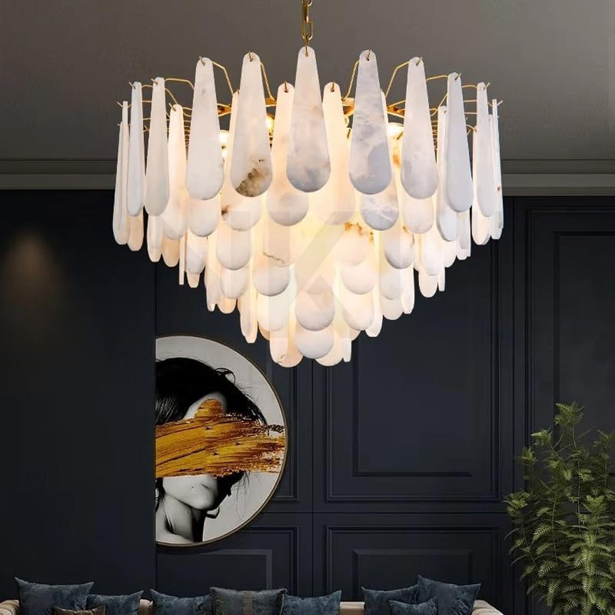 ANKUR VITTORIO MODERN MINIMILIST DESIN METAL AND ALABASTER BASED DESIGNER CHANDELIER