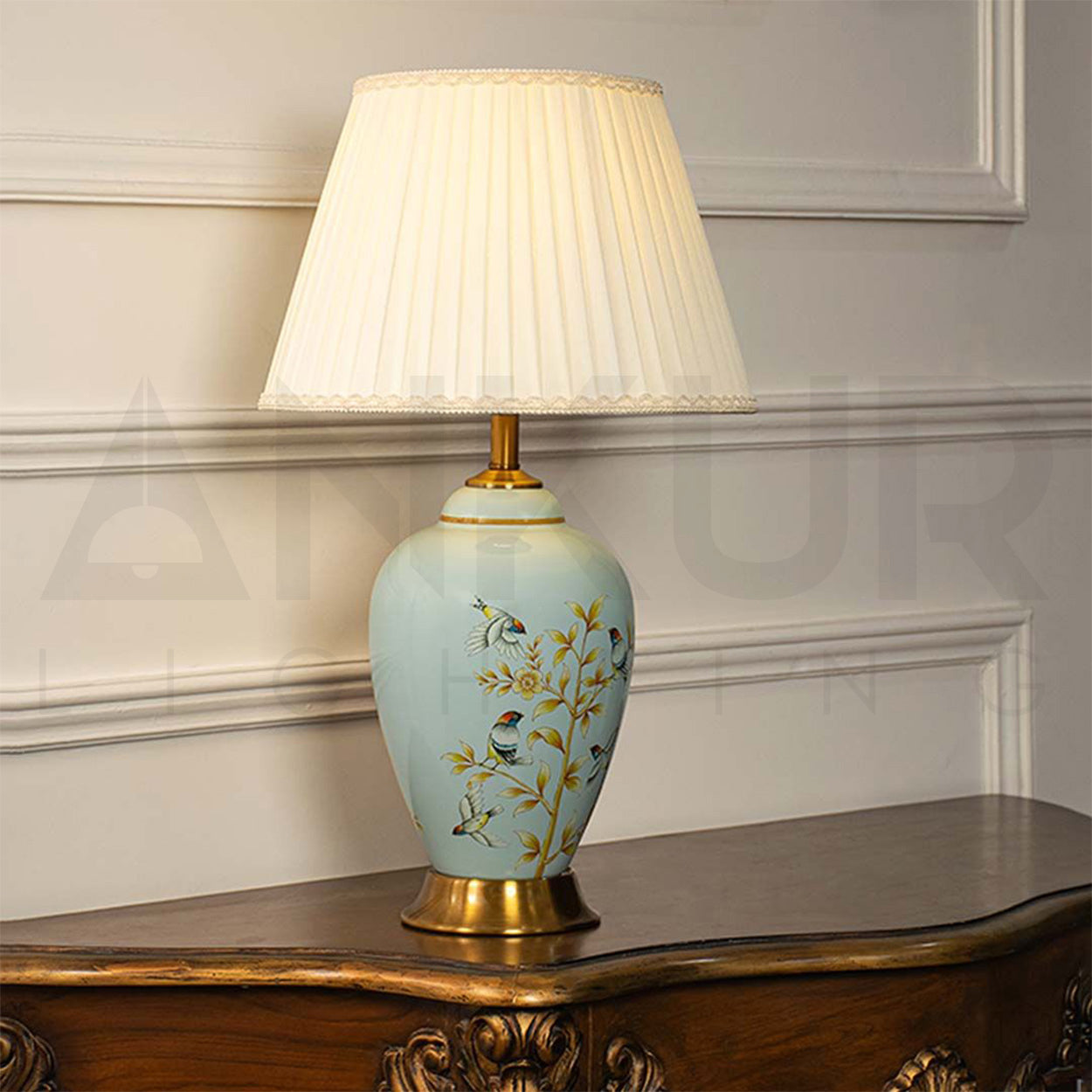 ANKUR KEYSTONE MODERN HAND PAINTED CERAMIC BEDSIDE TABLE LAMP