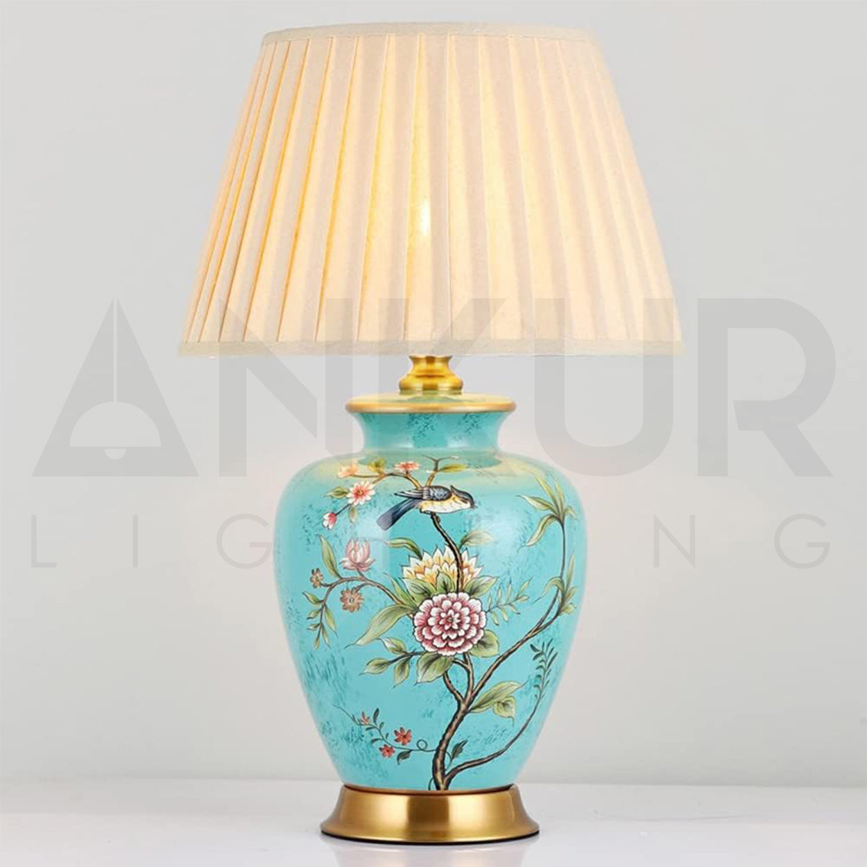 ANKUR JUNIPER VINTAGE GREEN FLORAL PATTERN CERAMIC BEDSIDE TABLE LAMP FOR LIVING AND BEDROOM