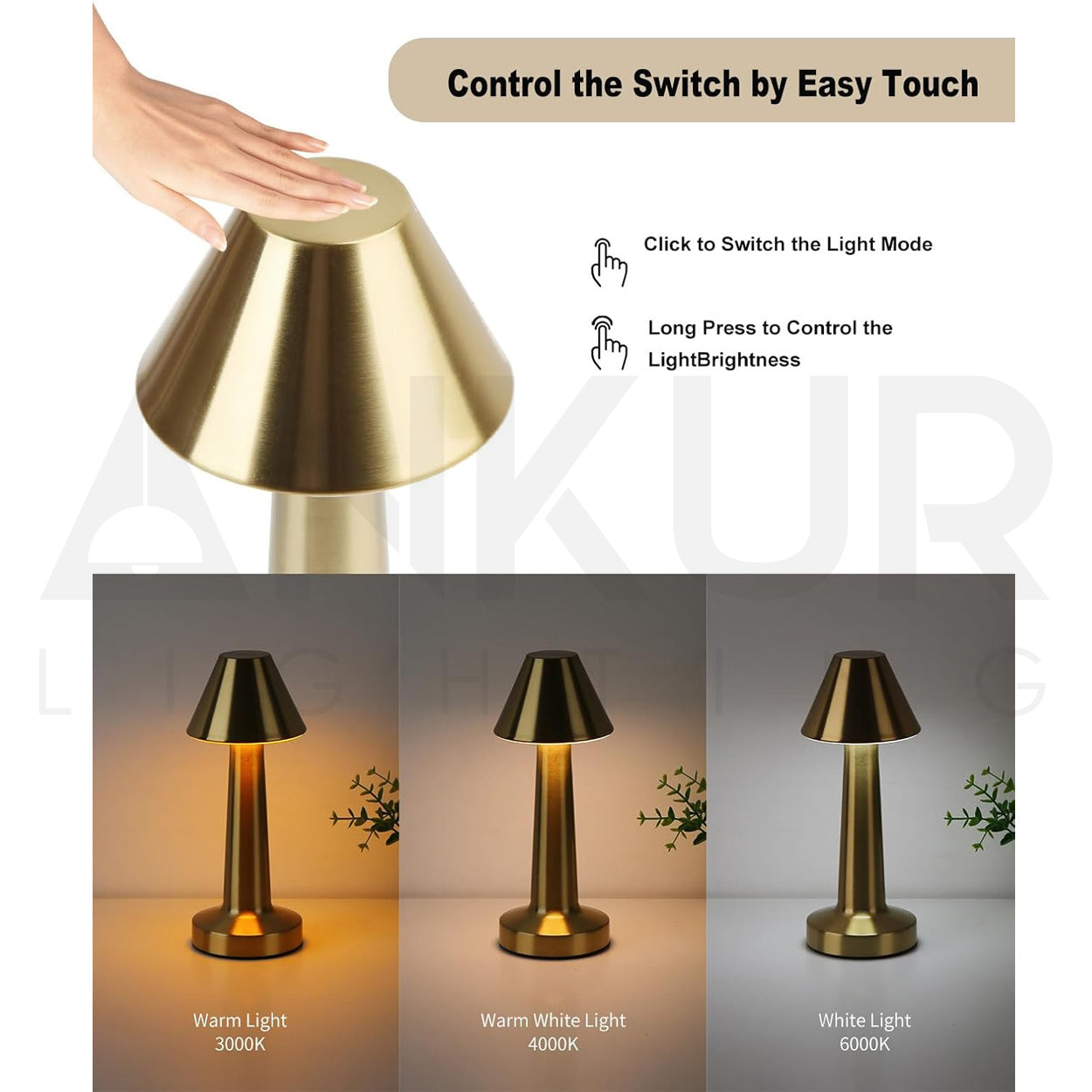ANKUR METALHAT RECHARGABLE TOUCH CONTROL WIRELESS BAR TABLE LAMP