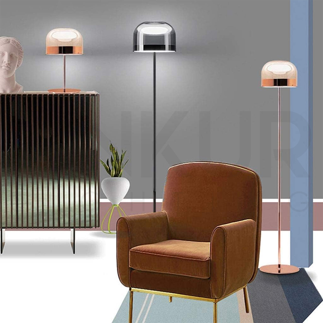 ANKUR CLASSY COPPER FINISH METAL AND GLASS BASED FLOOR LAMP FOR LIVING AND BEDROOM LIGHTING