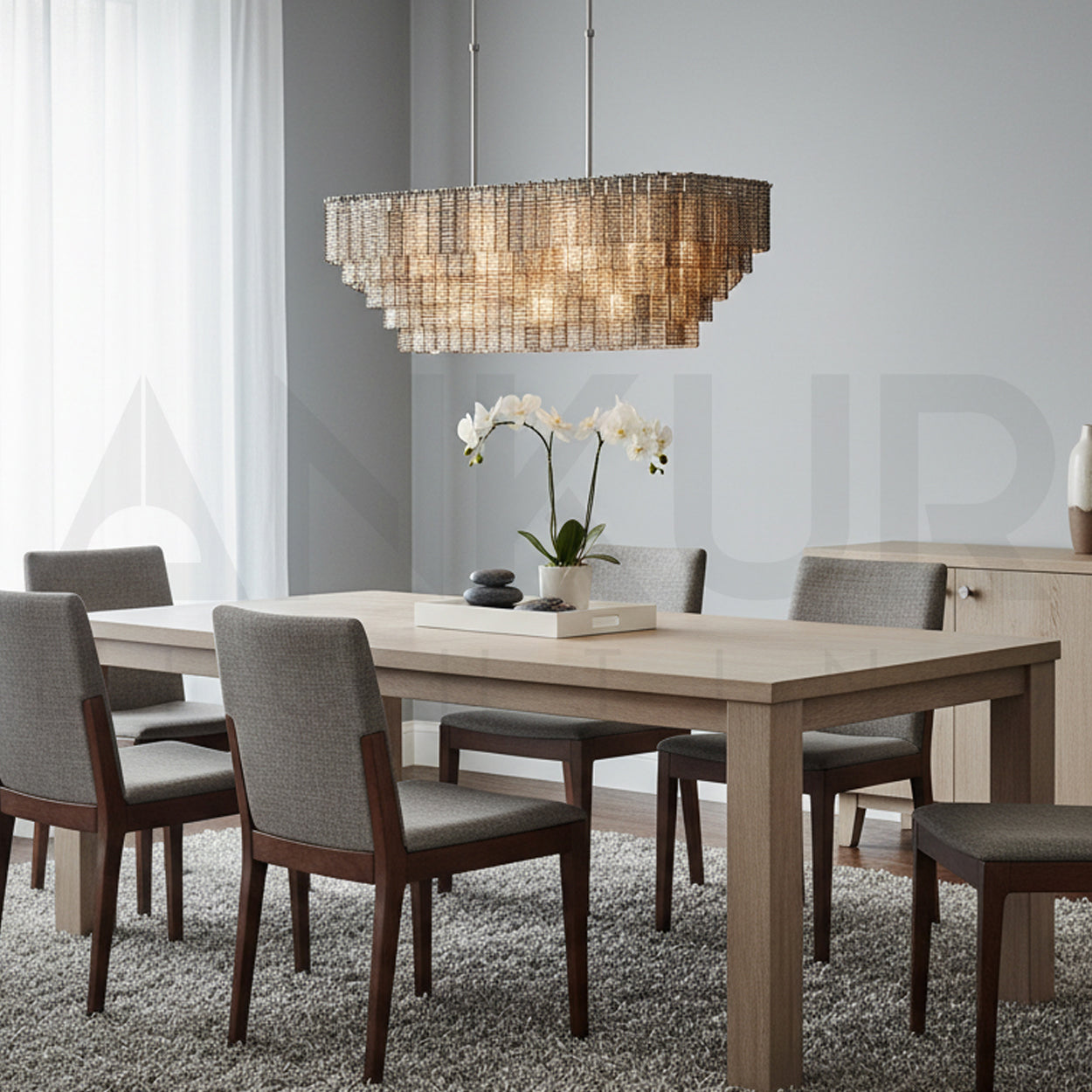 ANKUR WISTERIA STAINLESS STEEL HAIRLINE GOLDEN FINISH RECTANGULAR CHANDELIER