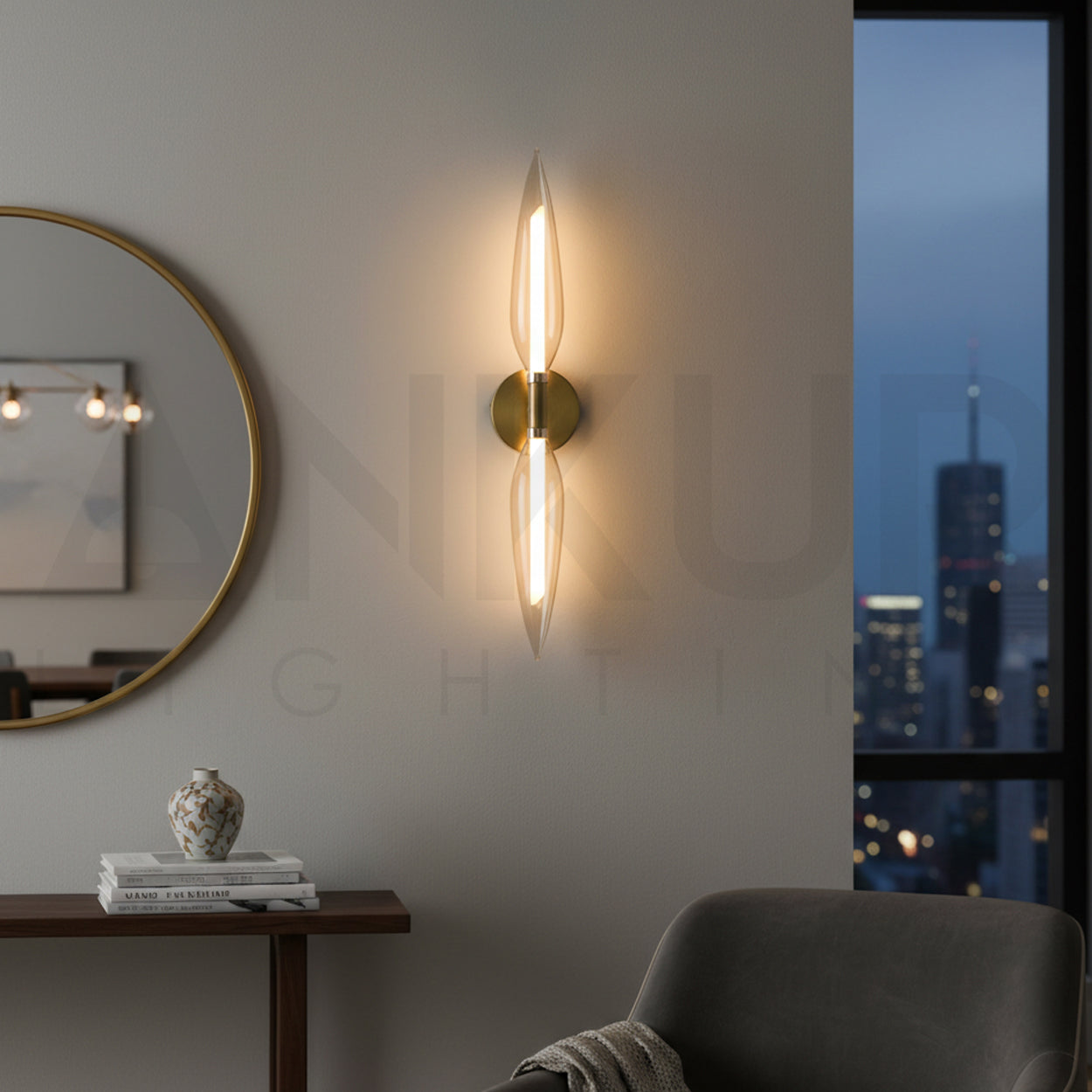 ANKUR CLEMATIS UP AND DOWN OPAL LINE ANTIQUE BRASS AND CONE GLASS UNIQUE DESIGN WALL LAMPS