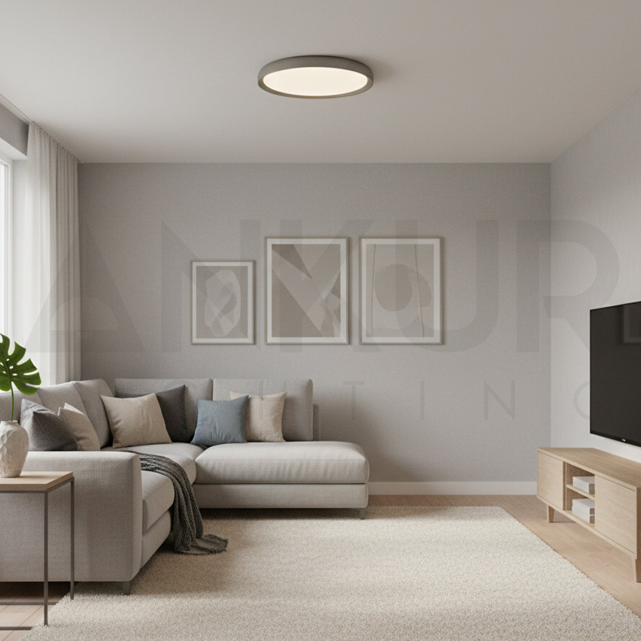 ANKUR LINDEN 3CCT LED WARM WHITE,COOL WHITE AND DAYLIGHT ALL THREE LED COLOUR IN ONE LIGHT BRUSHED GREY ROUND SURFACE CEILING LIGHT