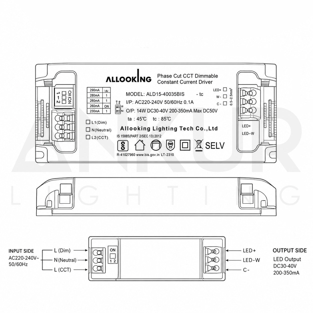 ALLOOKING 14W PHASE CUT DIMMABLE LED DRIVER | CONSTANT CURRENT 200-350MA | INDOOR DRY-RATED POWER SUPPLY (IP20)