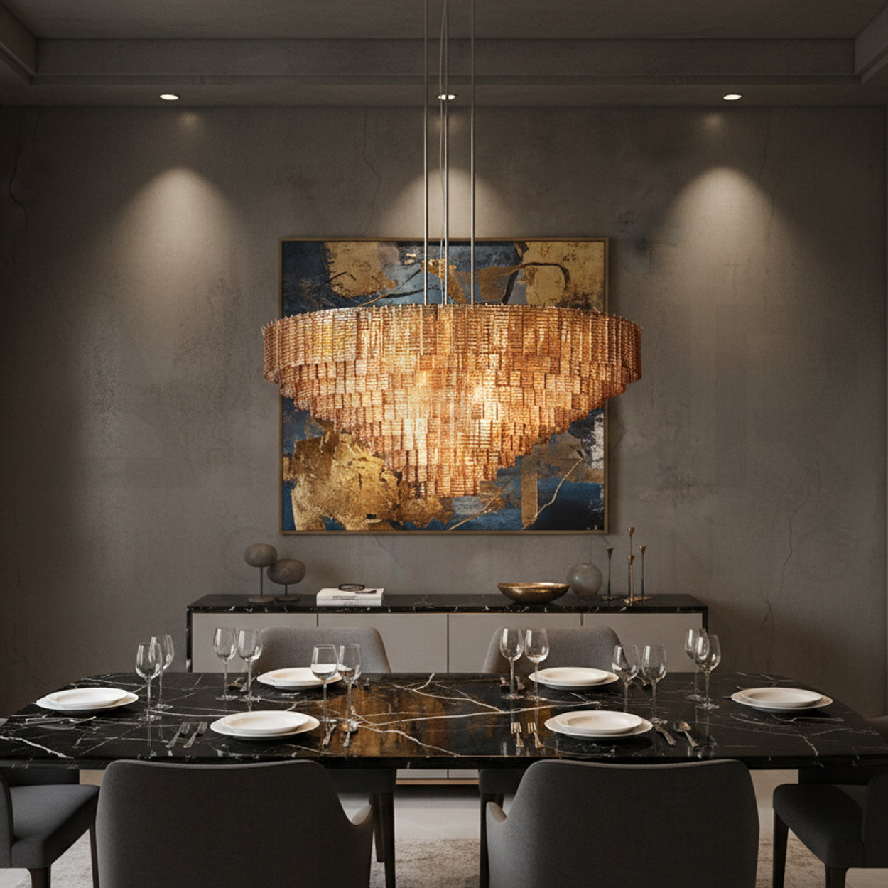 ANKUR WISTERIA STAINLESS STEEL HAIRLINE GOLDEN FINISH MODERN LUXURY ROUND CHANDELIER