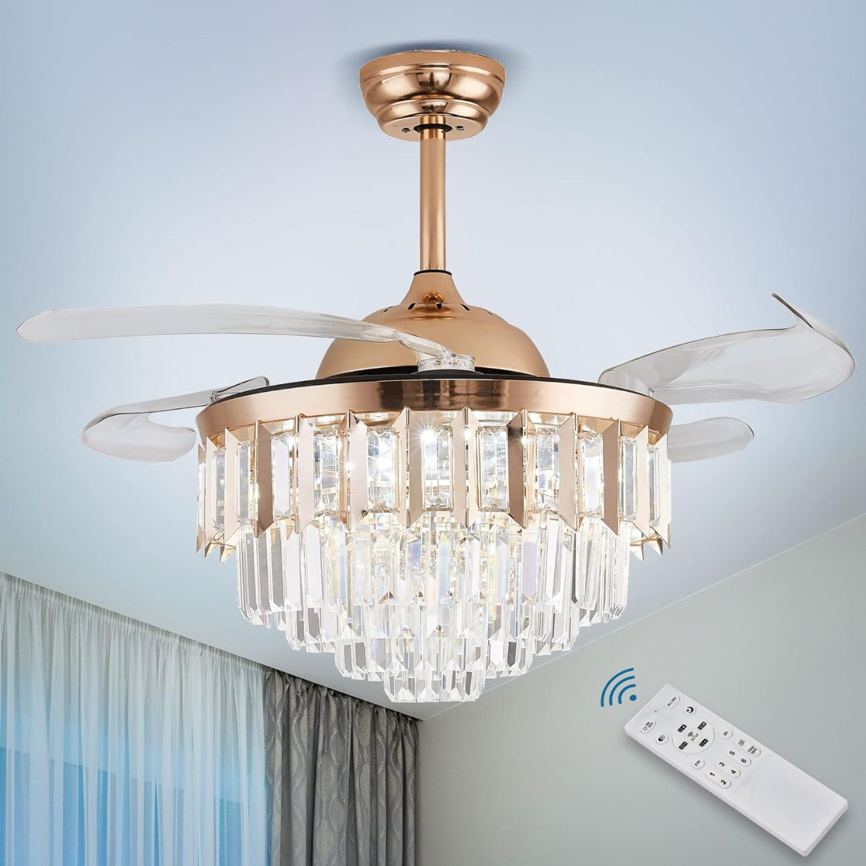 ANKUR BREEZO CRYSTAL LED CEILING FAN WITH CRYSTAL CHANDELIER AND REMOTE CONTROLLER 42 INCHES MODERM FANDELIER