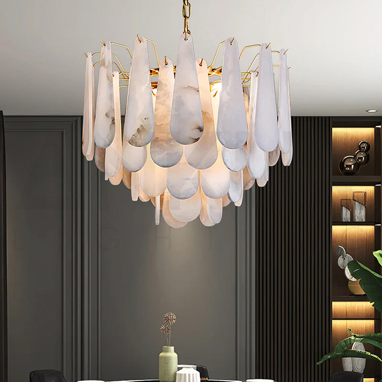 ANKUR VITTORIO MODERN MINIMILIST DESIN METAL AND ALABASTER BASED DESIGNER CHANDELIER