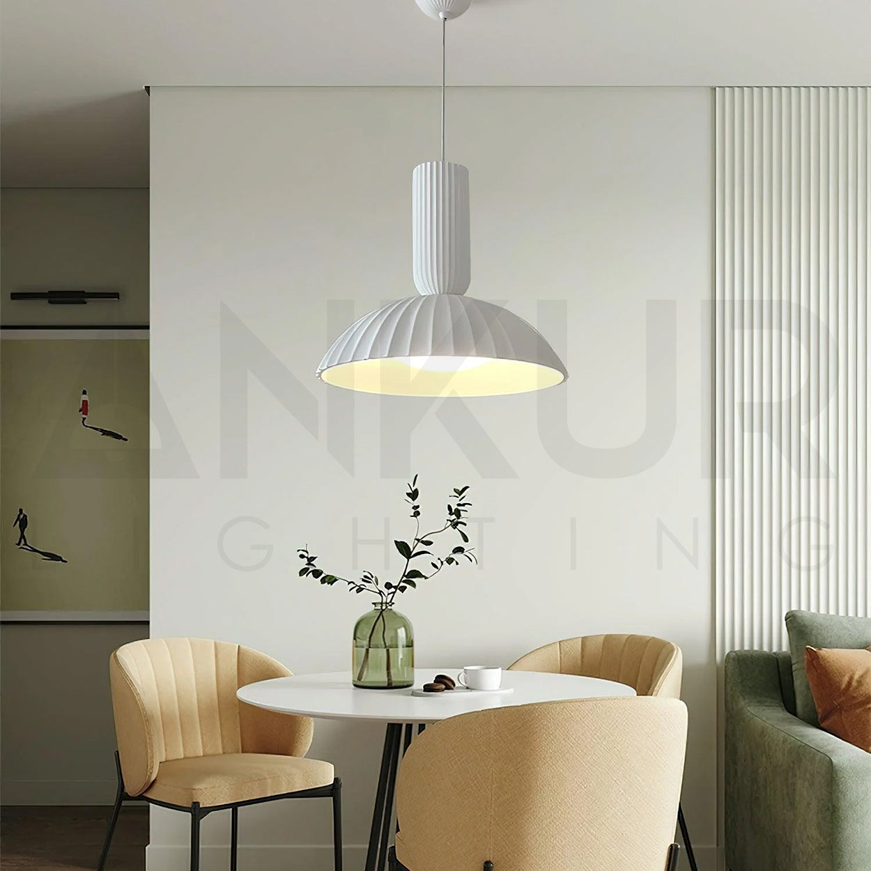 ANKUR WILLOW FLUTED WHITE CERAEMIC PORCELAIN DOME PENDANT LIGHT