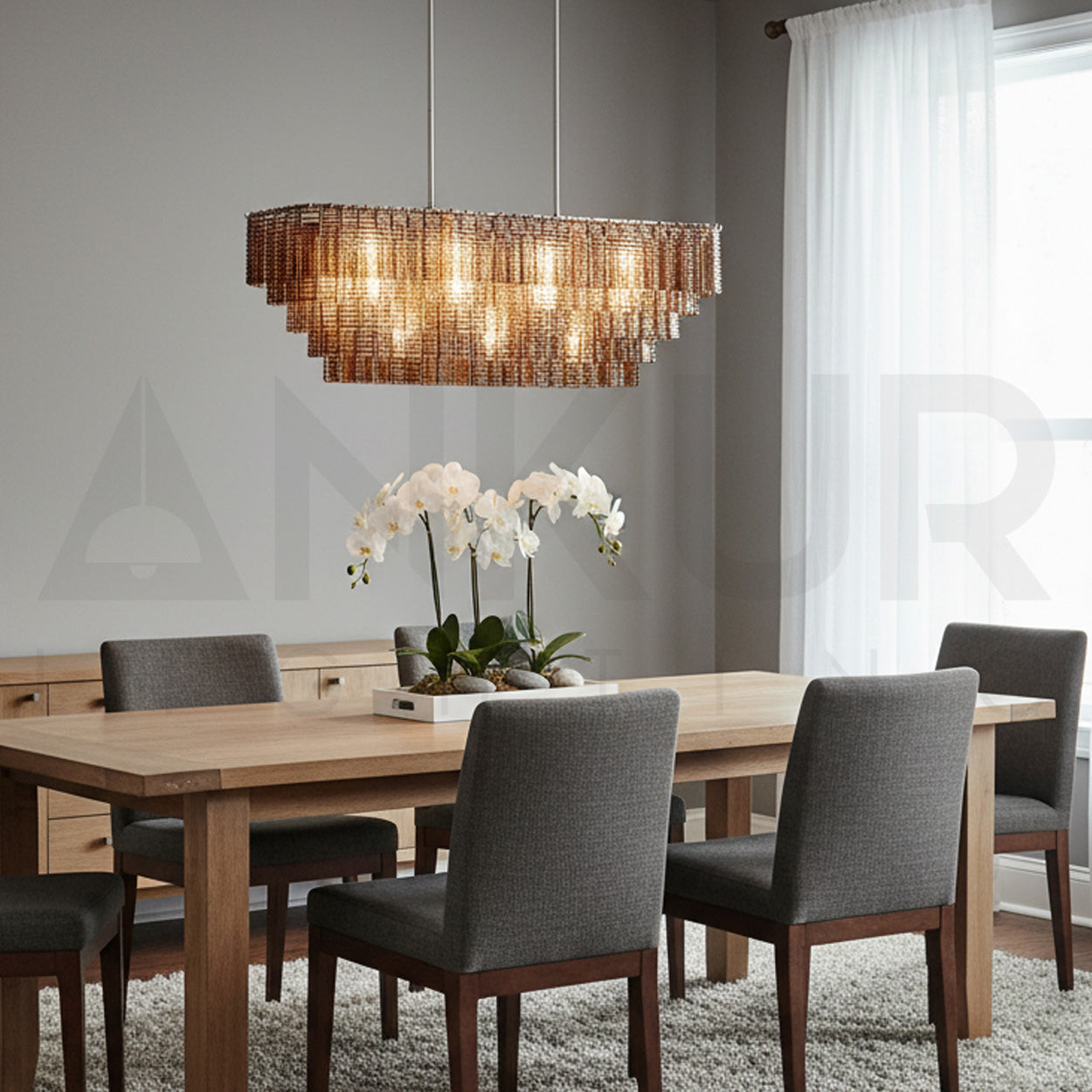 ANKUR WISTERIA STAINLESS STEEL HAIRLINE GOLDEN FINISH RECTANGULAR CHANDELIER