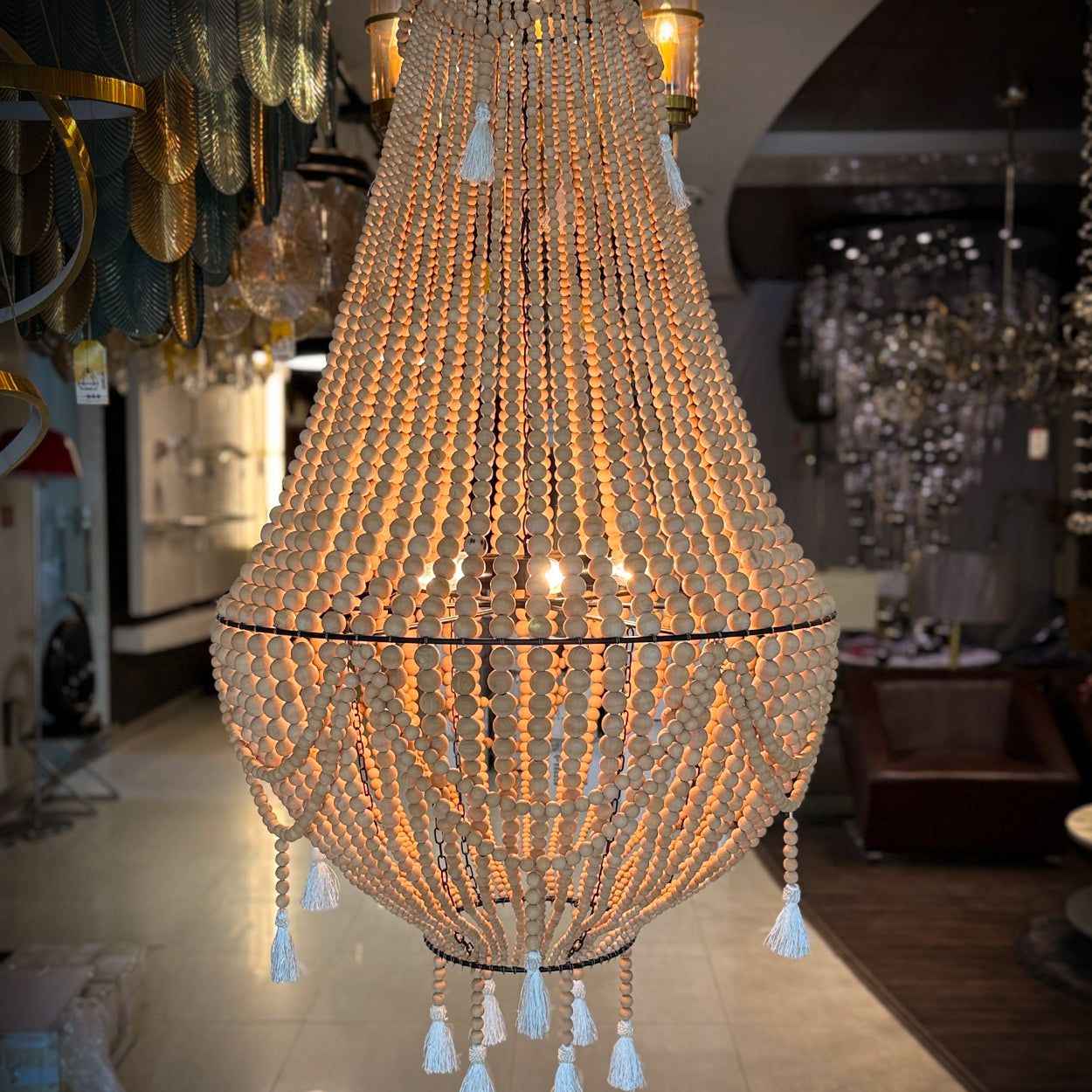 ANKUR BOHEMIAN DOUBLE HEIGHT WOOD AND METAL SPIRITUAL CHANDELIER