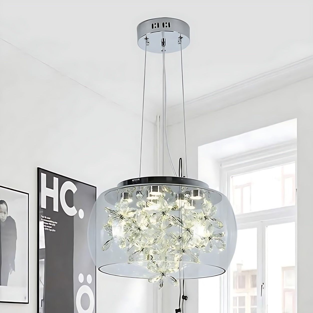 ANKUR DOMA FLORA GLASS DOME AND CRYSTAL LED HANGING CHANDELIER