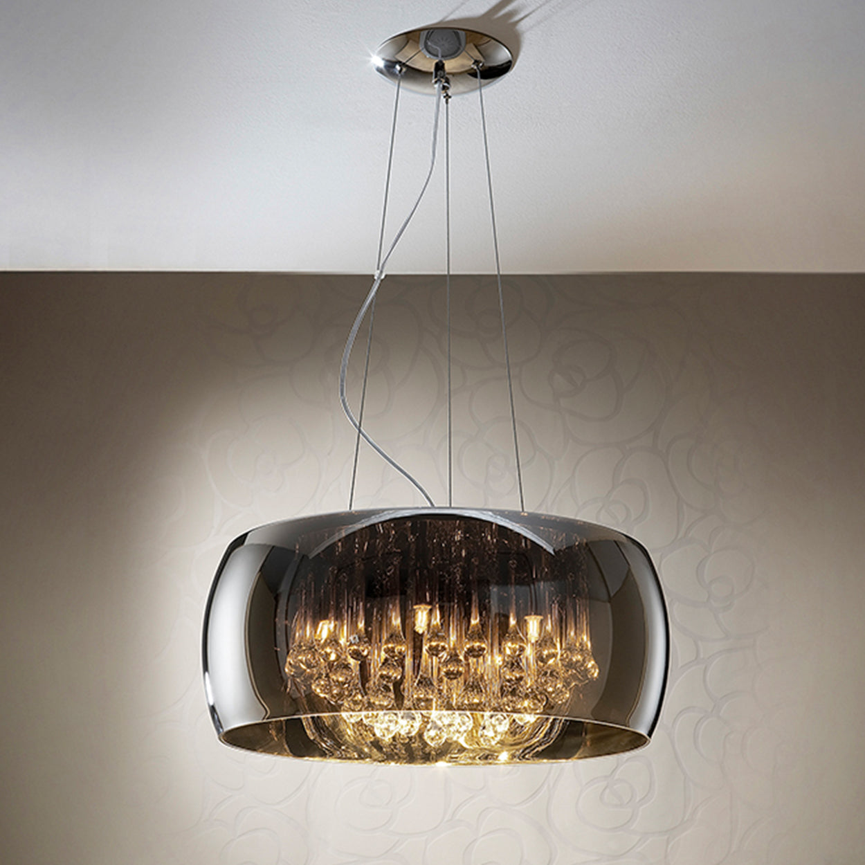 ANKUR DOMA PEARL GLASS DOME AND CRYSTAL LED HANGING CHANDELIER