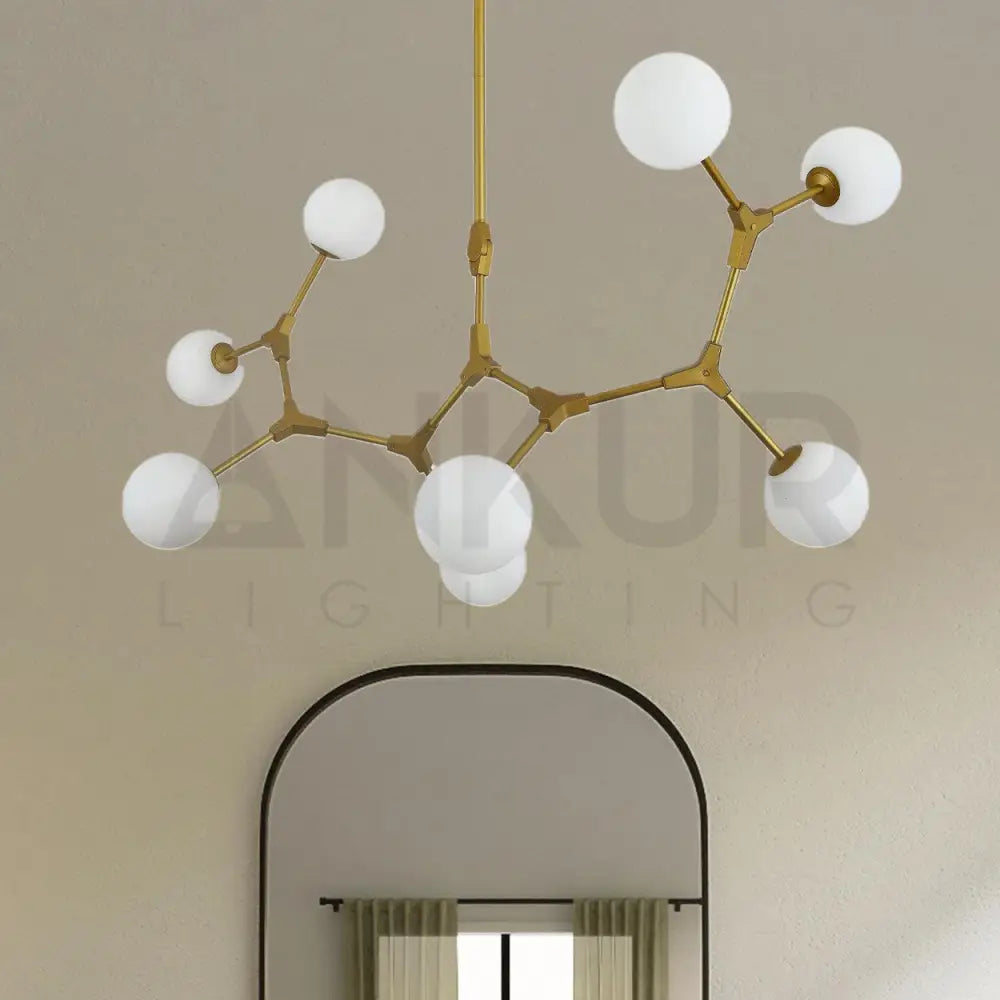 ANKUR 8 HEAD BRANCH WHITE GLOBE WITH GOLD METAL CHANDELIER - Ankur Lighting