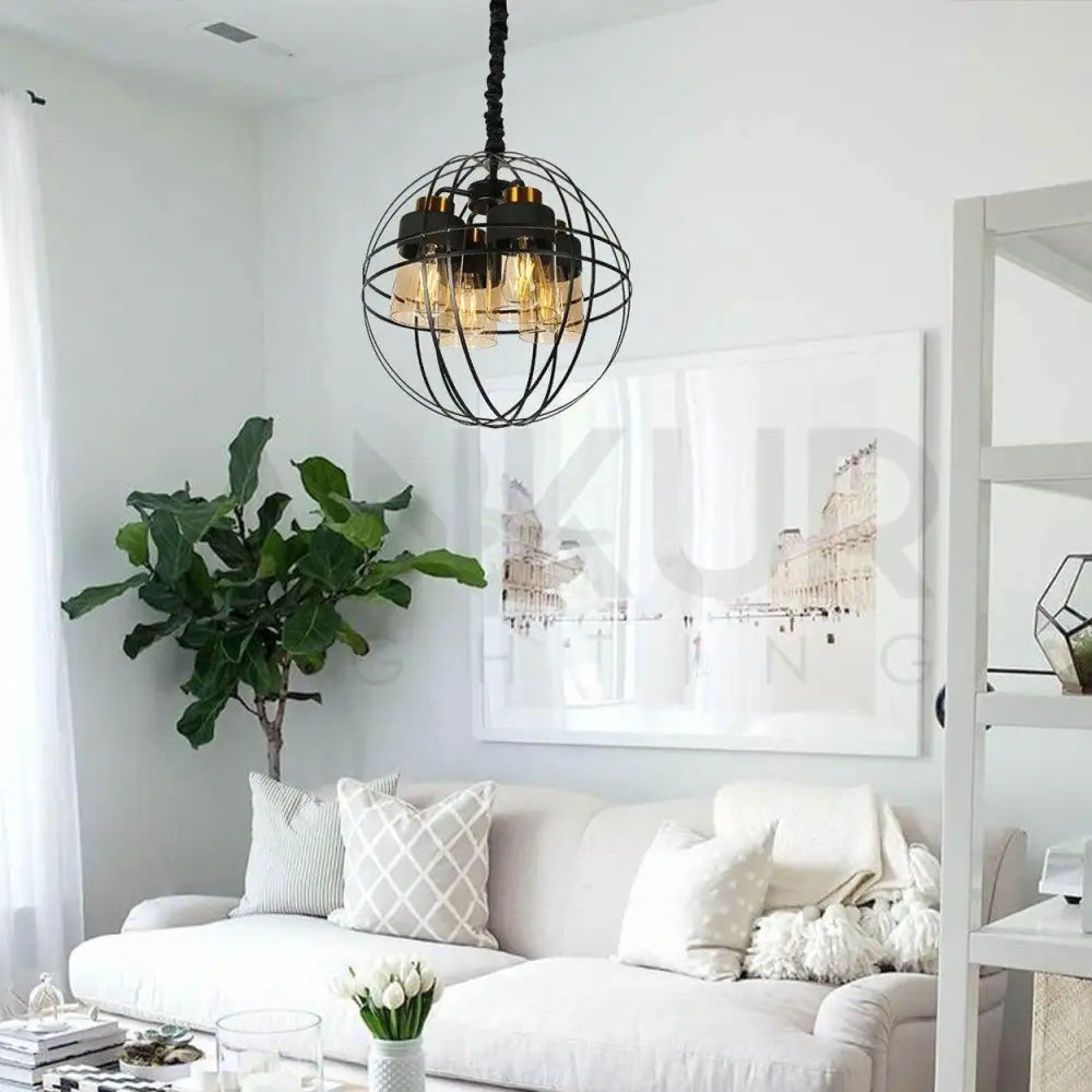 ANKUR BROOKLYN 4 LIGHT BLACK METAL SPHERE CAGE CHANDELIER - Ankur Lighting