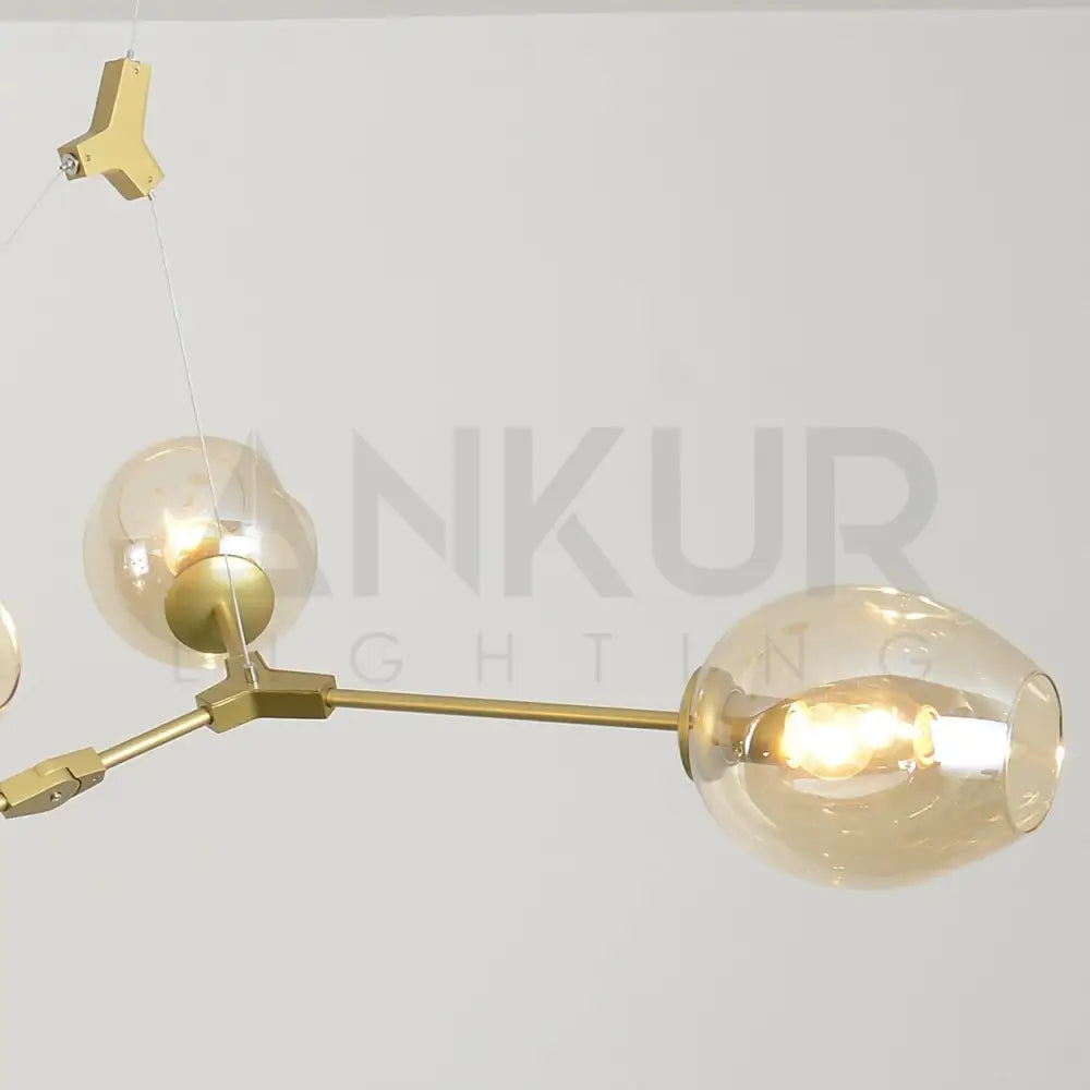ANKUR BURST 6 LIGHT MODERN CONTEMPORARY GOLDEN CHANDELIER WITH AMBER/CHAMPAGNE GLASSES - Ankur Lighting