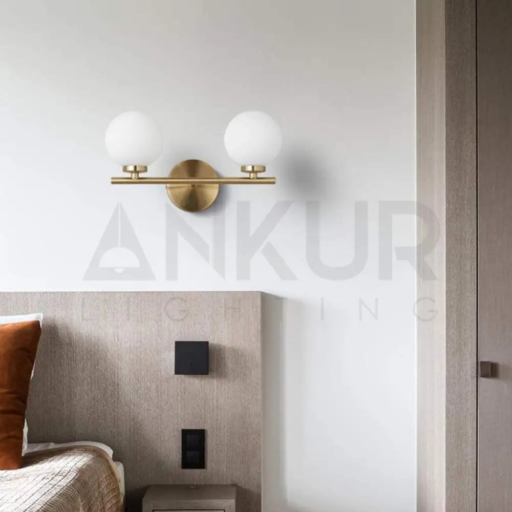 ANKUR DALTON CONTEMPORARY TWIN GLOBE LIGHT MILKY WHITE GLOBE GLASS SHADE WALL LIGHT VANITY LIGHT IN GOLD - Ankur Lighting
