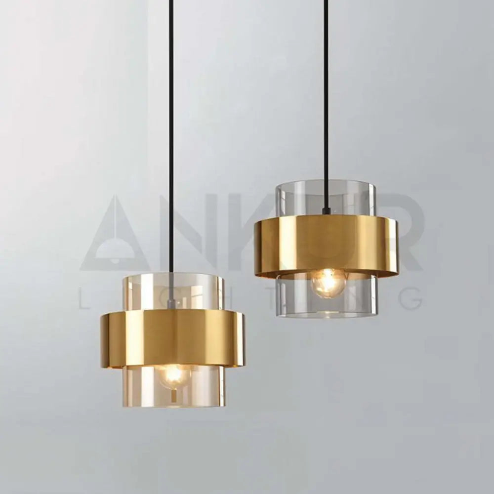 ANKUR LIGHTING DUAL-LAYER GLASS AND METAL MODERN GLASS PENDANT LIGHT AMBER Pendant Light