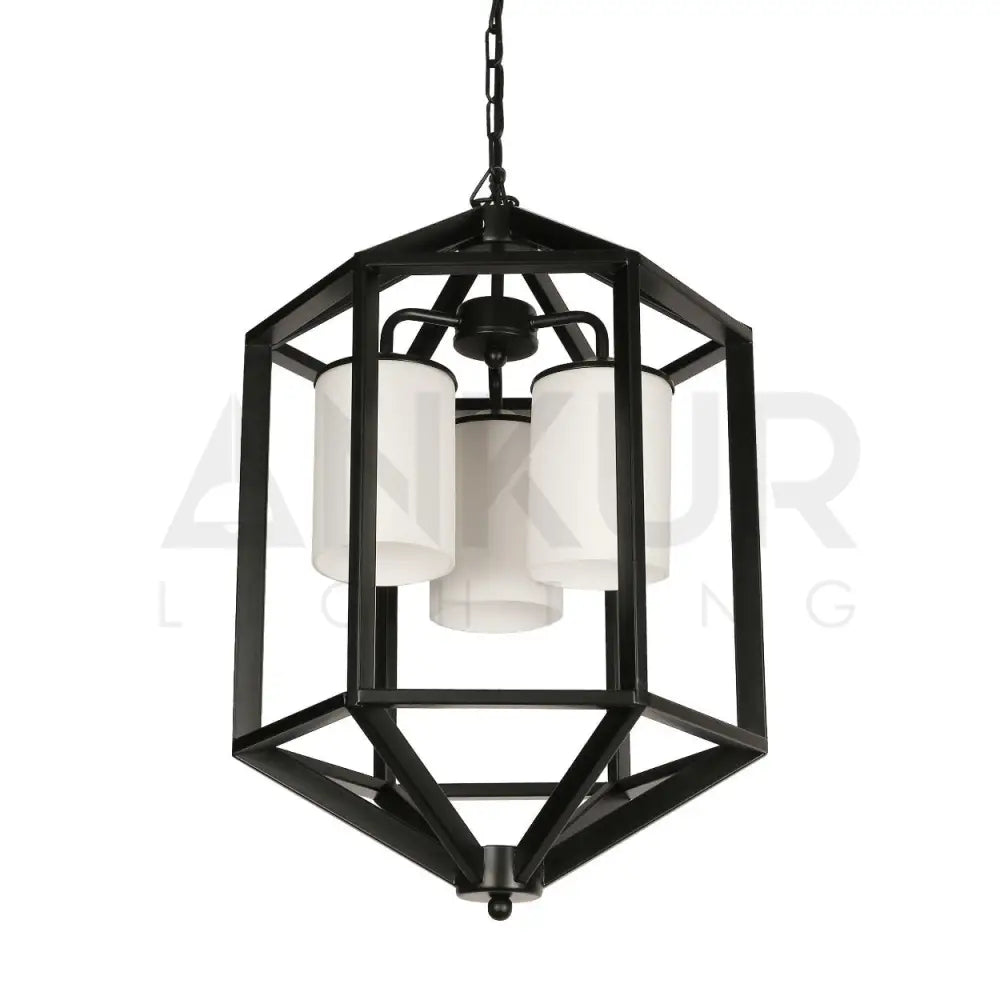 ANKUR MANHATTAN 3 LIGHT BLACK METAL WITH WHITE GLASS CHANDELIER - Ankur Lighting
