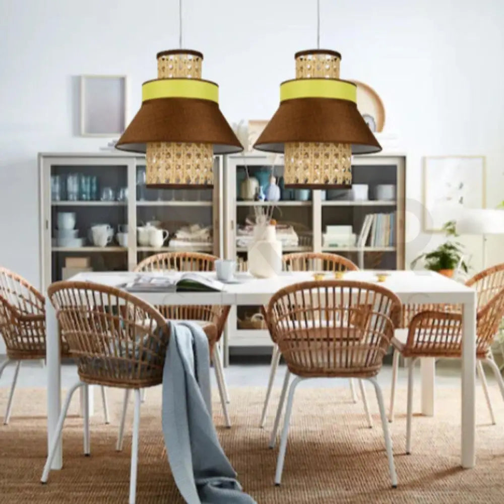 ANKUR RETRO NATURAL BAMBOO CANE AND FABRIC PENDANT LIGHT DARK BROWN - Ankur Lighting