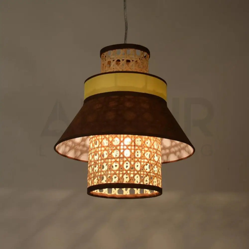 ANKUR RETRO NATURAL BAMBOO CANE AND FABRIC PENDANT LIGHT DARK BROWN - Ankur Lighting