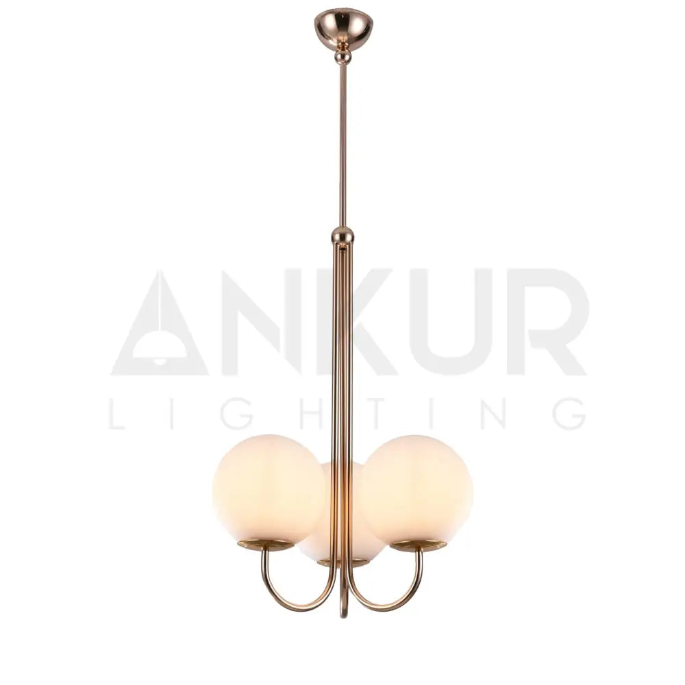 ANKUR SWISS 3 LIGHT MILKY GLASS GLOBE CHANDELIER WITH GOLD METAL - Ankur Lighting