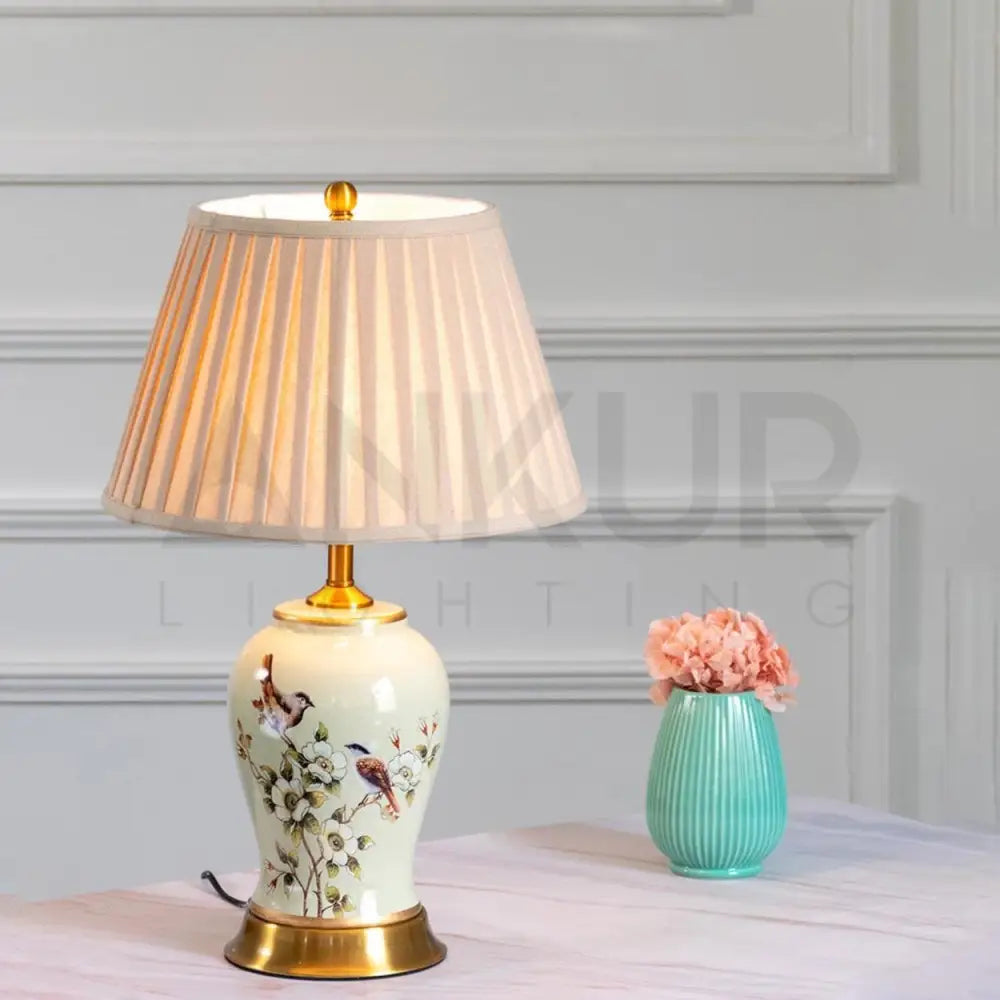 CHIRP FLORAL PATTERN CERAMIC TABLE LAMP SLIM AND FAT - Ankur Lighting