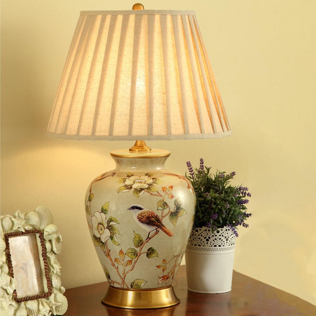 CHIRP FLORAL PATTERN CERAMIC TABLE LAMP SLIM AND FAT - Ankur Lighting