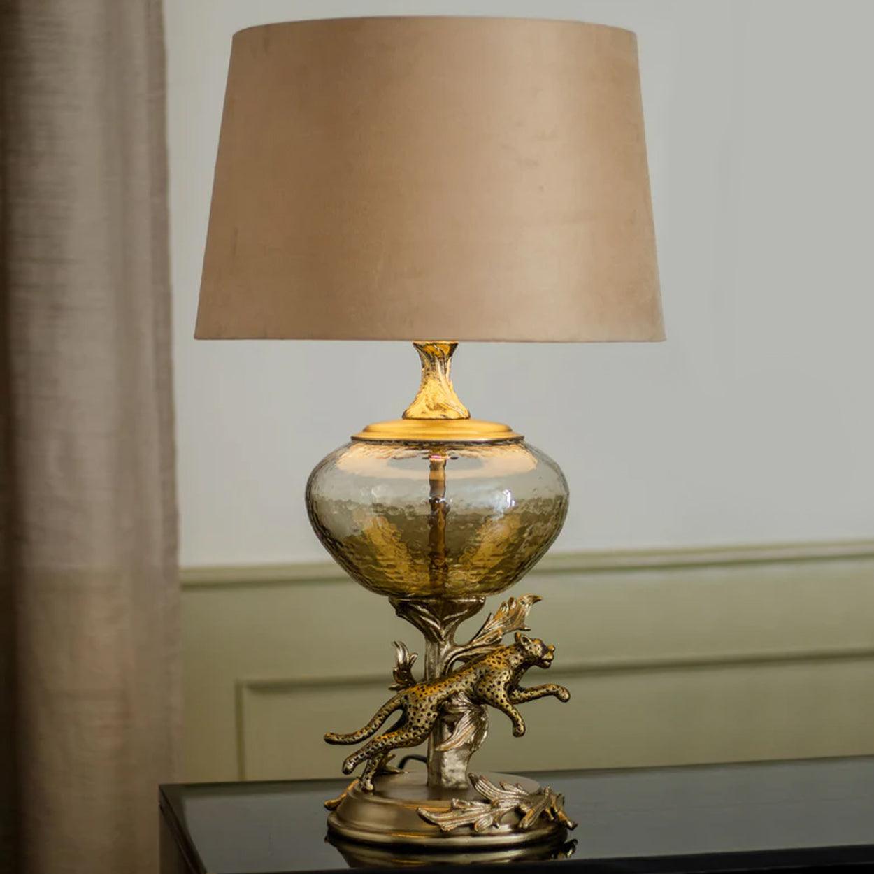 RUNNING LEOPARD HAND MADE METAL AND GLASS TABLE LAMP - Ankur Lighting