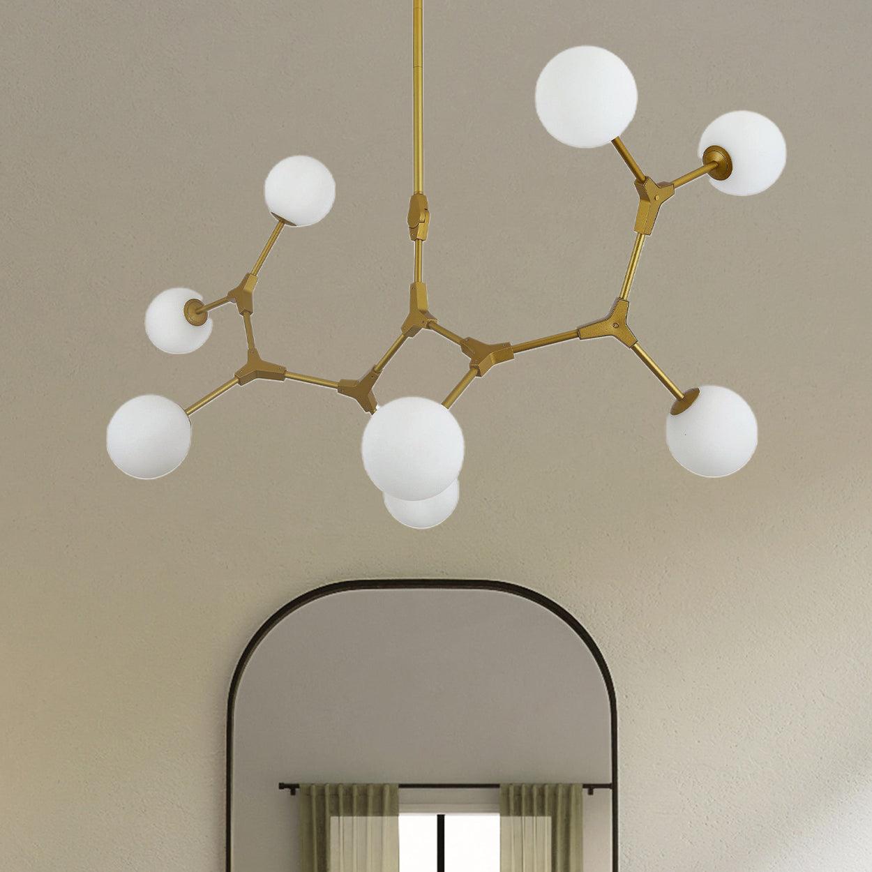 ANKUR 8 HEAD BRANCH WHITE GLOBE WITH GOLD METAL CHANDELIER - Ankur Lighting