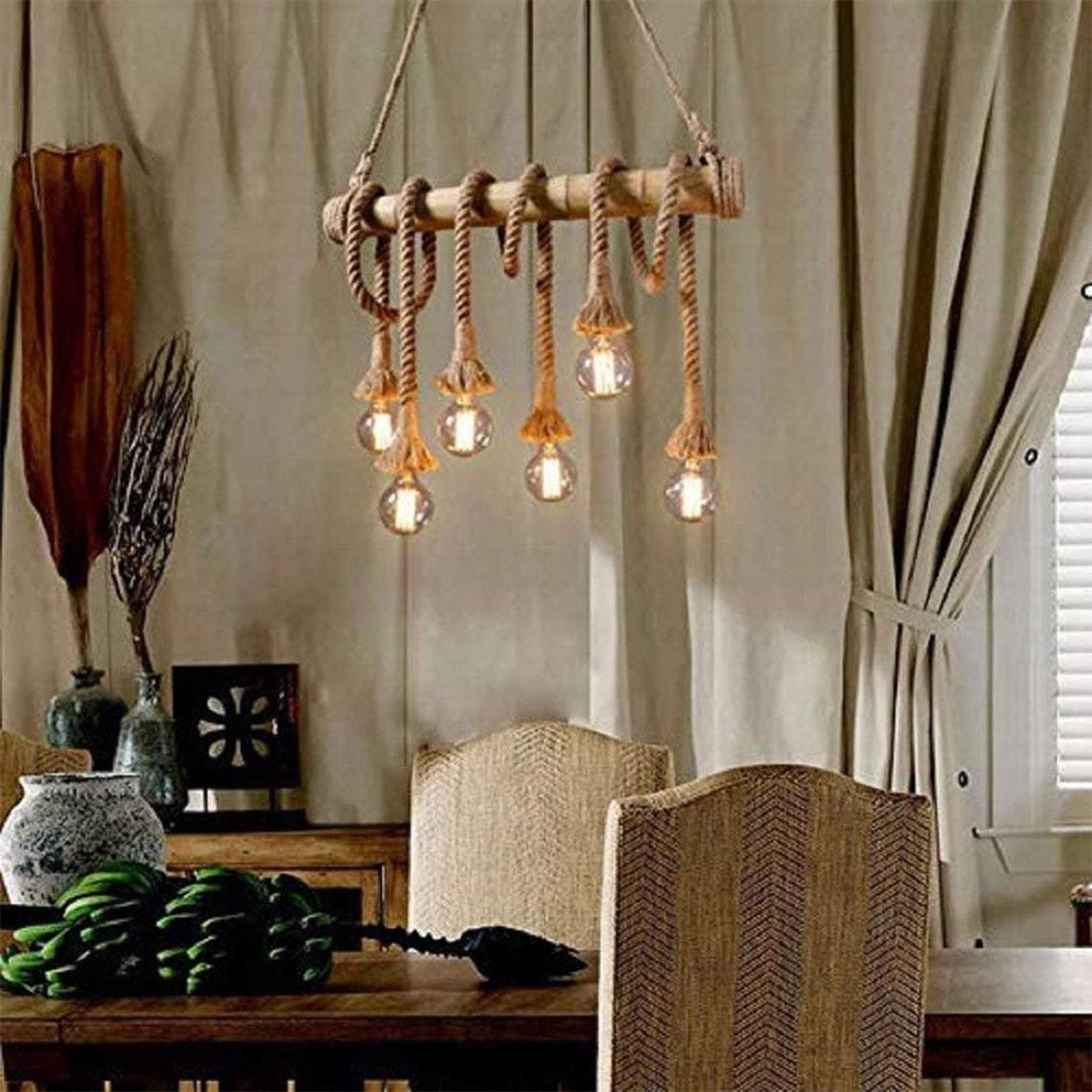 ANKUR BAMBOO 6 HEMP ROPE LIGHT CHANDELIER - Ankur Lighting