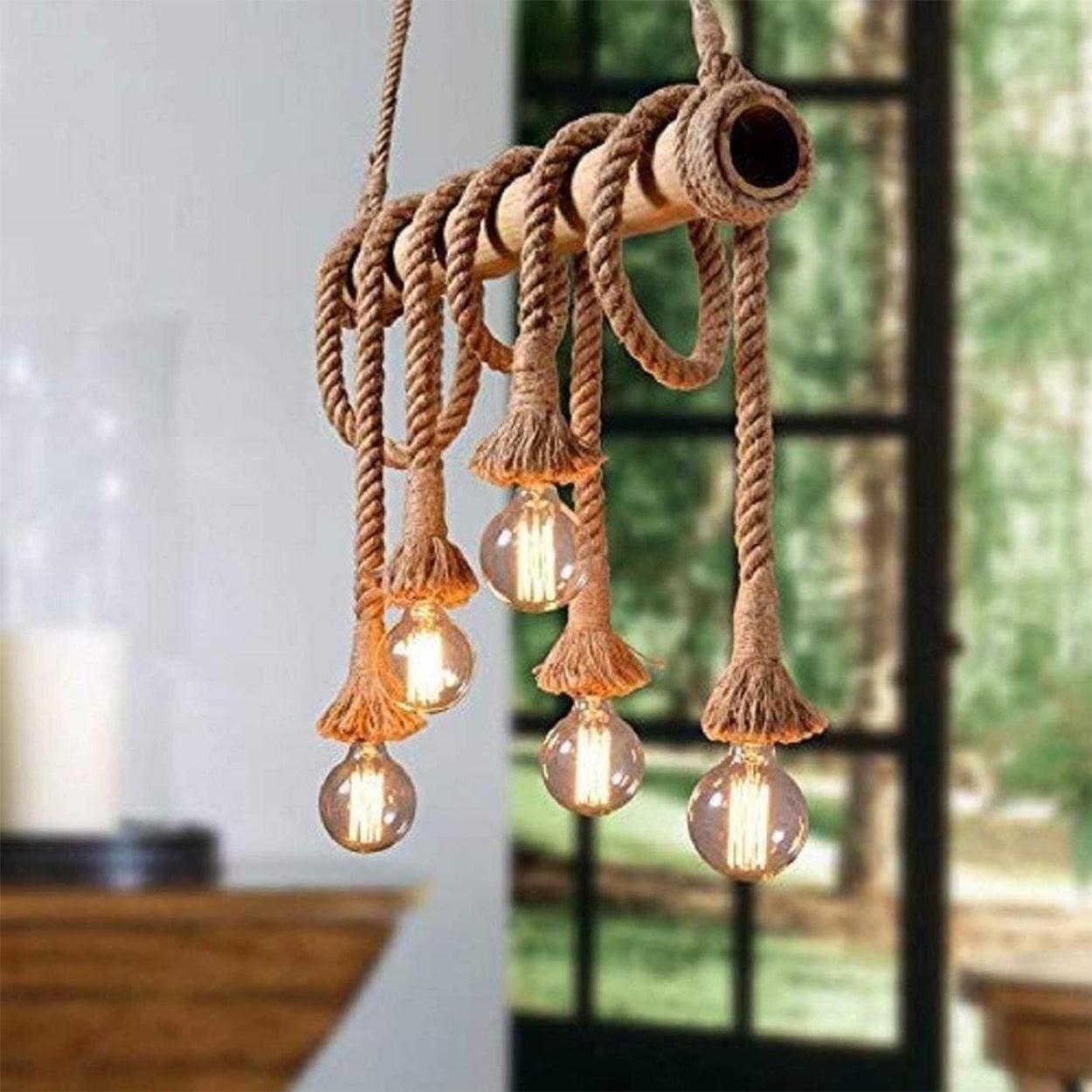 ANKUR BAMBOO 6 HEMP ROPE LIGHT CHANDELIER - Ankur Lighting