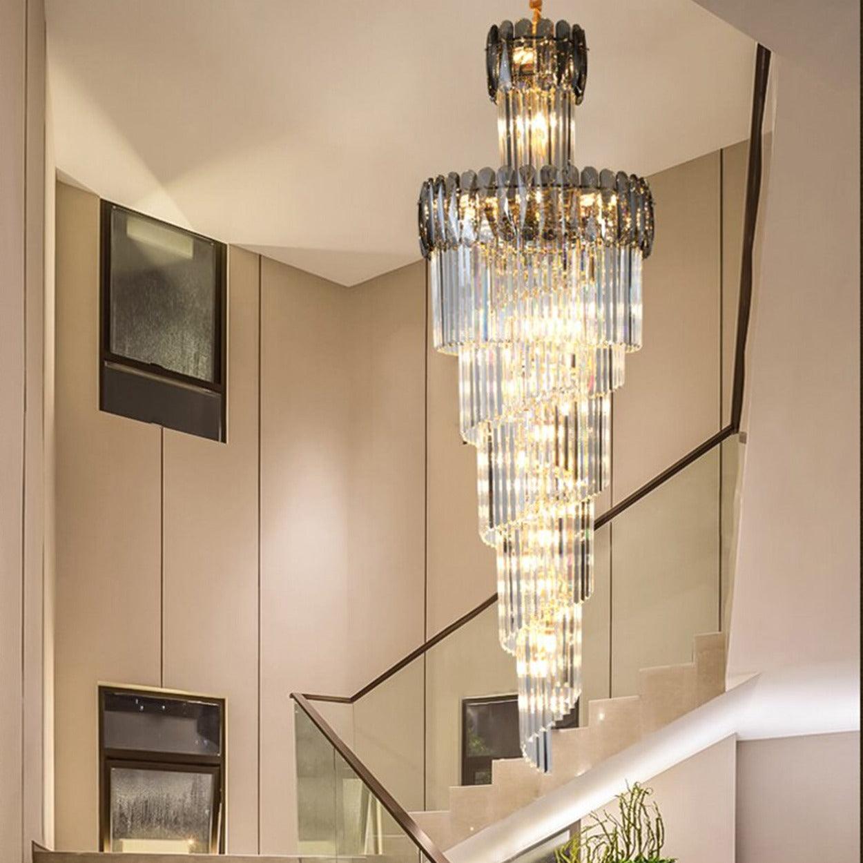 ANKUR MODERN SMOKE CROWN MULTILAYER CRYSTAL DOUBLE HEIGHT CHANDELIER - Ankur Lighting