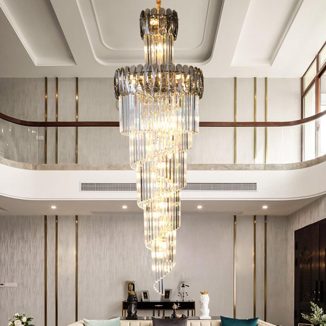 ANKUR MODERN SMOKE CROWN MULTILAYER CRYSTAL DOUBLE HEIGHT CHANDELIER - Ankur Lighting