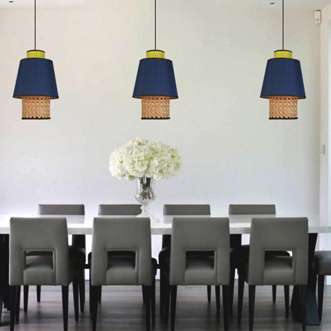 ANKUR RETRO CONICAL NATURAL BAMBOO CANE AND FABRIC PENDANT LIGHT - Ankur Lighting