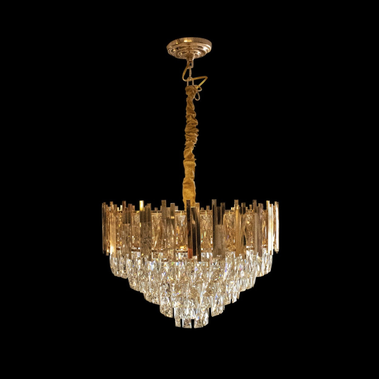 ANKUR ROUND CRYSTAL CHANDELIER WITH GOLD METAL PLATE - Ankur Lighting