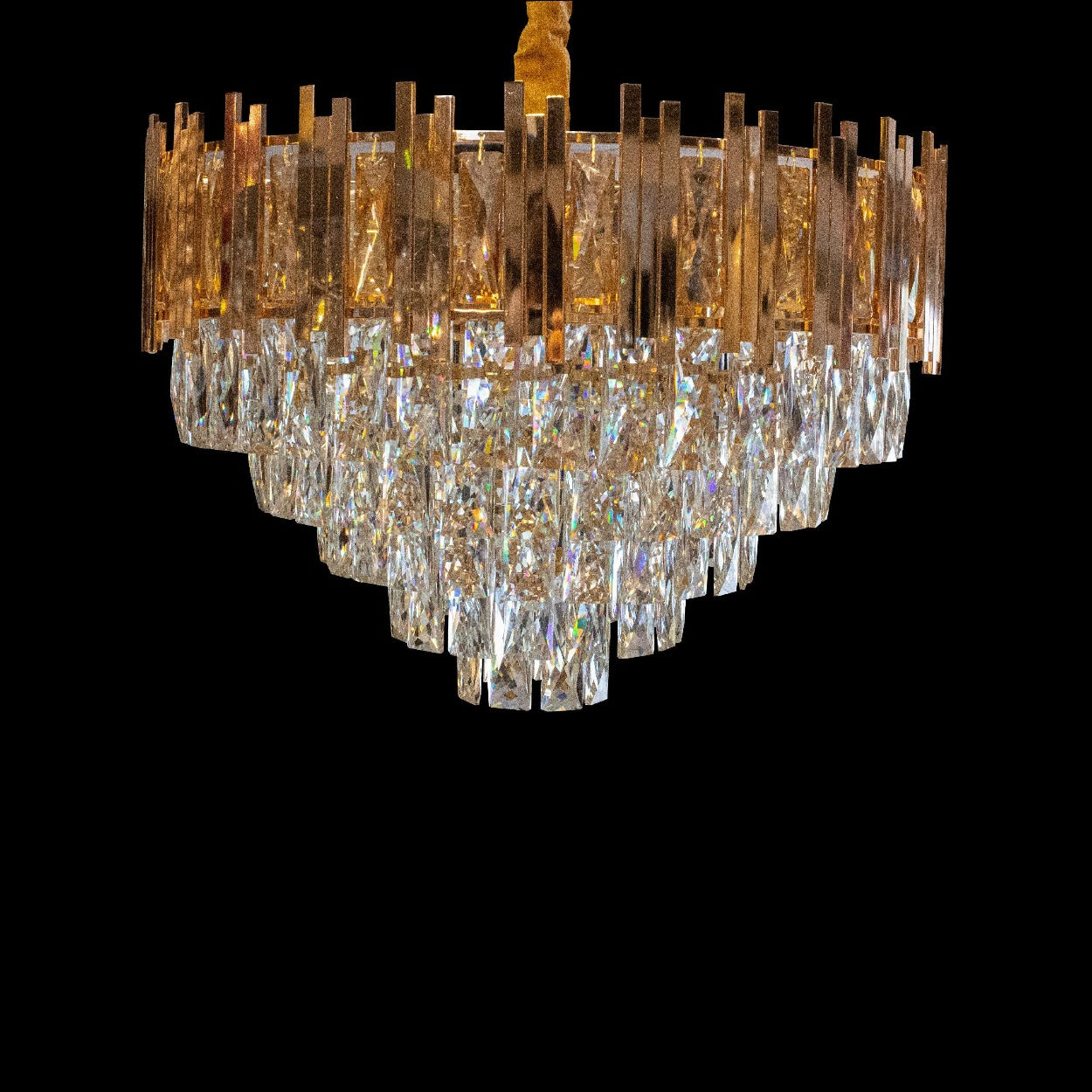ANKUR ROUND CRYSTAL CHANDELIER WITH GOLD METAL PLATE - Ankur Lighting