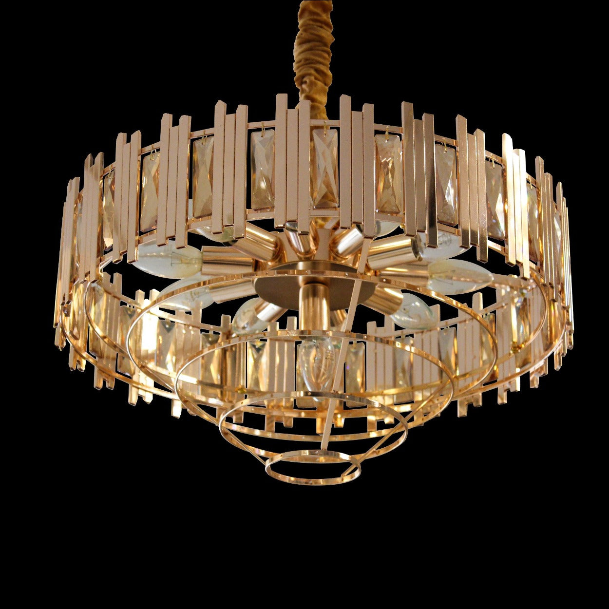 ANKUR ROUND CRYSTAL CHANDELIER WITH GOLD METAL PLATE - Ankur Lighting