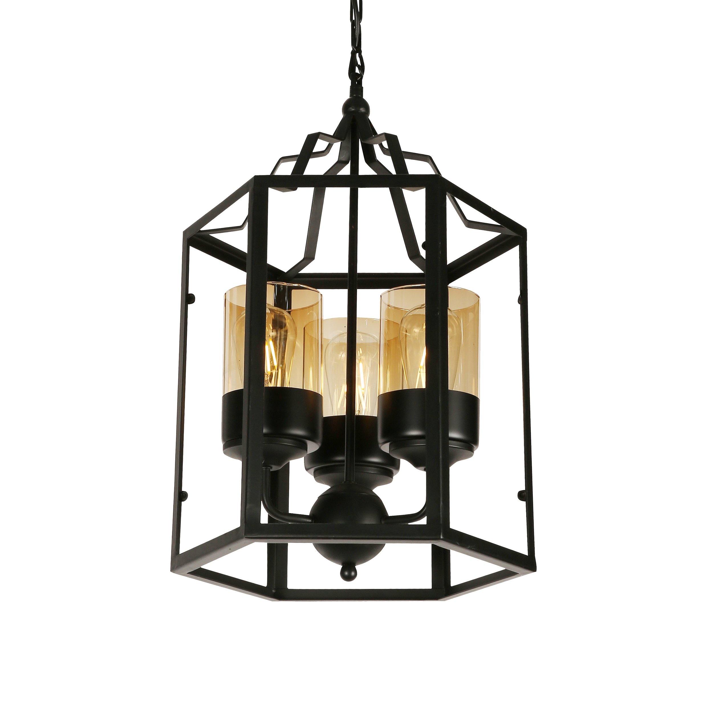 ANKUR UPTOWN 3 LIGHT BLACK METAL CAGE WITH AMBER/CHAMPAGNE GLASS CHANDELIER - Ankur Lighting