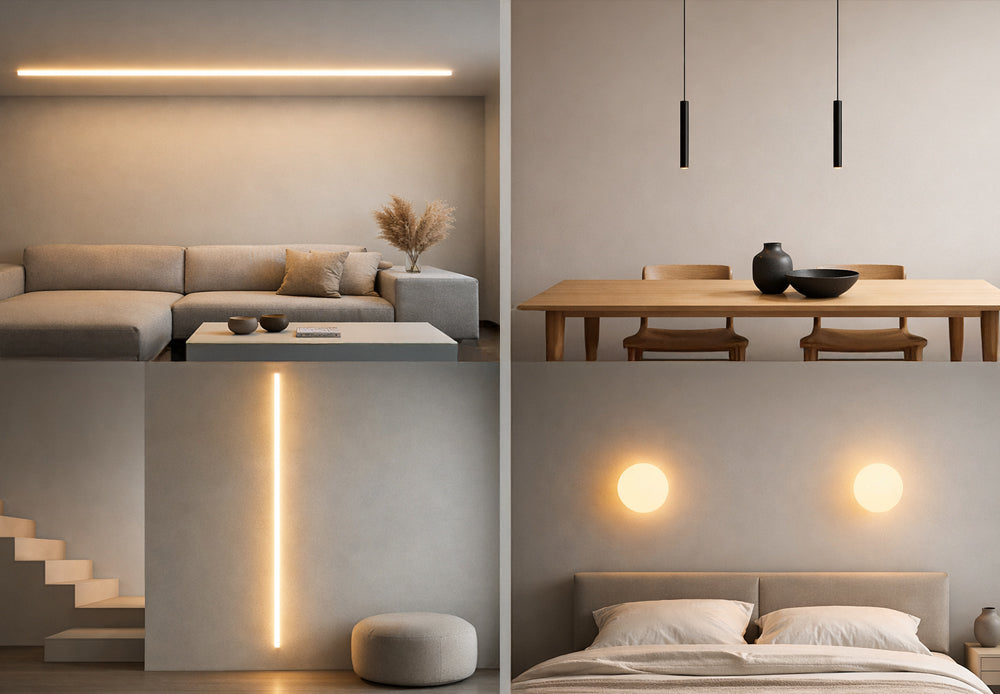 Modern interior design showcase featuring linear and circular luxury wall lighting solutions.