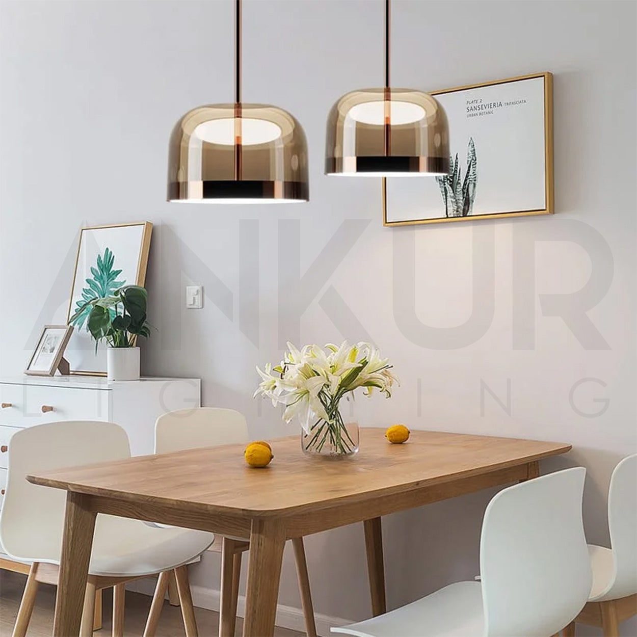 ANKUR BERLIN COPPER FINISH METAL AND AMBER GLASS LED PENDANT LIGHT