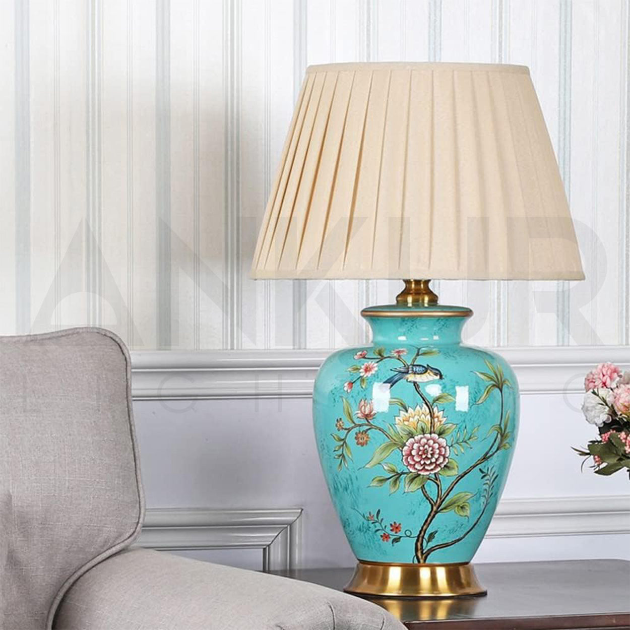 ANKUR JUNIPER VINTAGE GREEN FLORAL PATTERN CERAMIC BEDSIDE TABLE LAMP FOR LIVING AND BEDROOM
