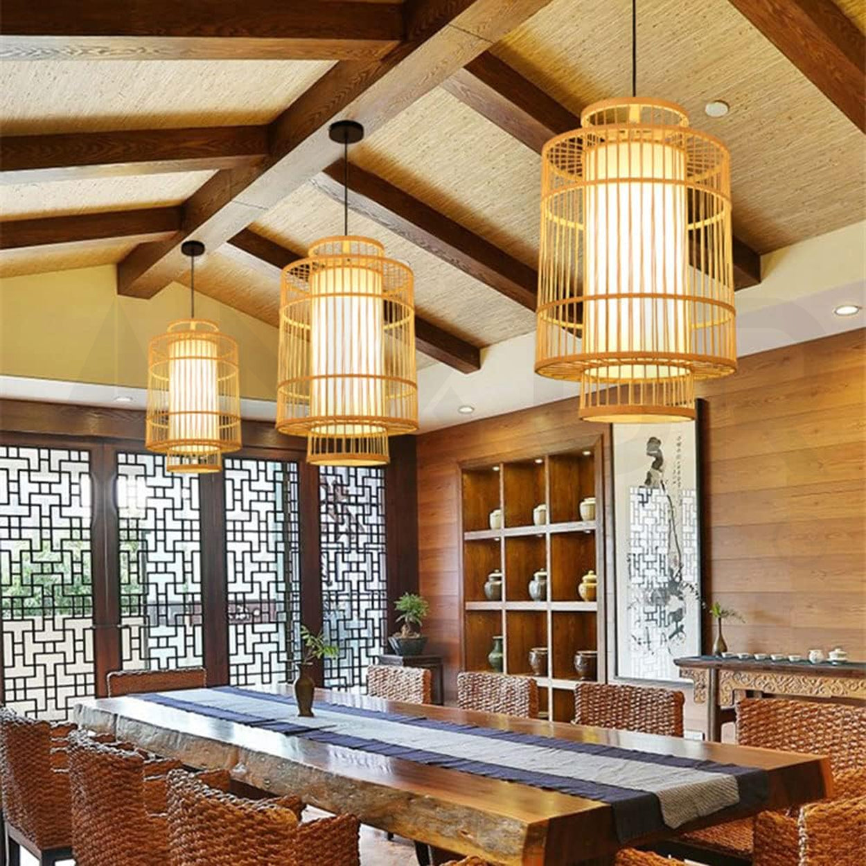 ANKUR SLAVIC NATURAL BAMBOO CANE AND FABRIC HANDMADE PENDANT LIGHT