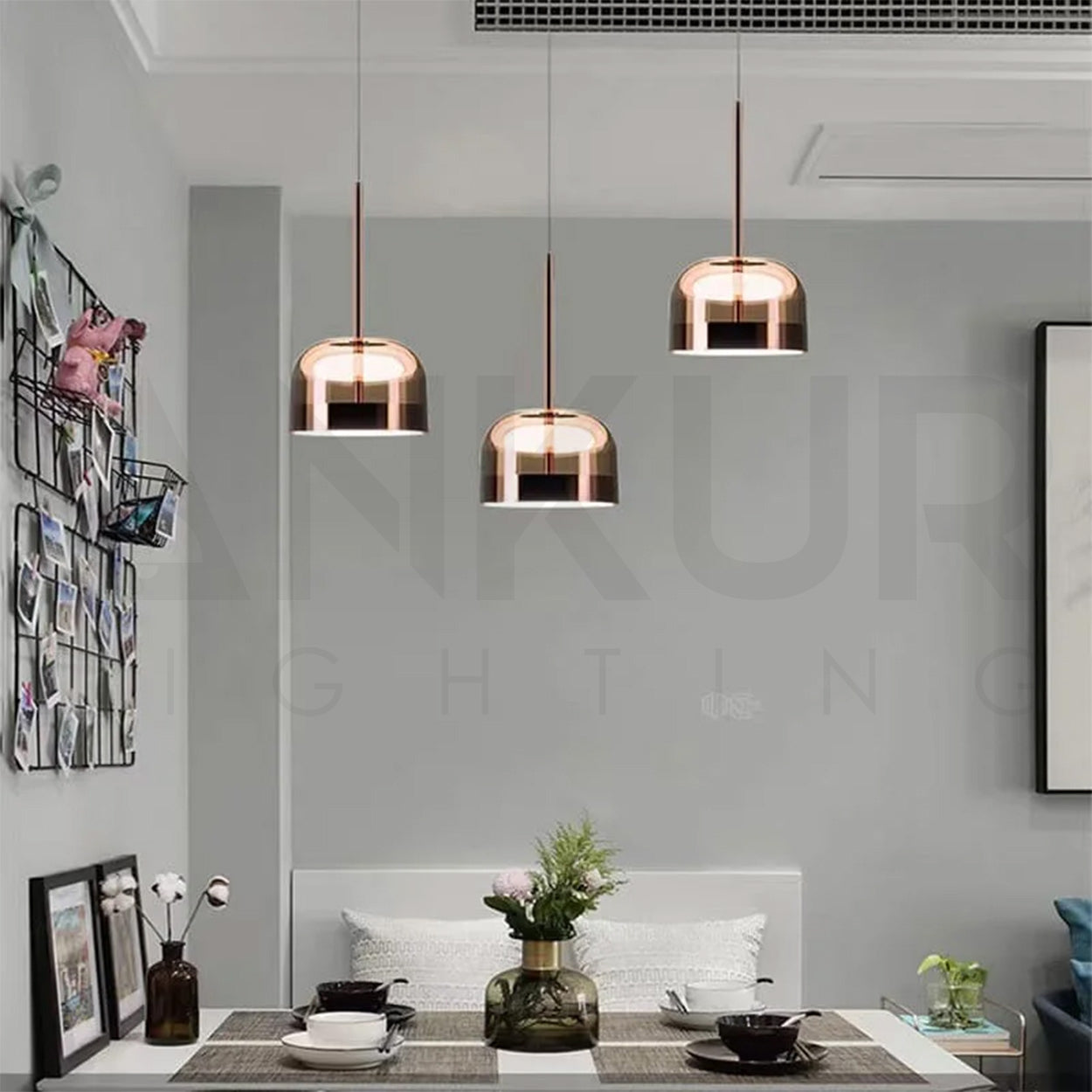 ANKUR BERLIN COPPER FINISH METAL AND AMBER GLASS LED PENDANT LIGHT