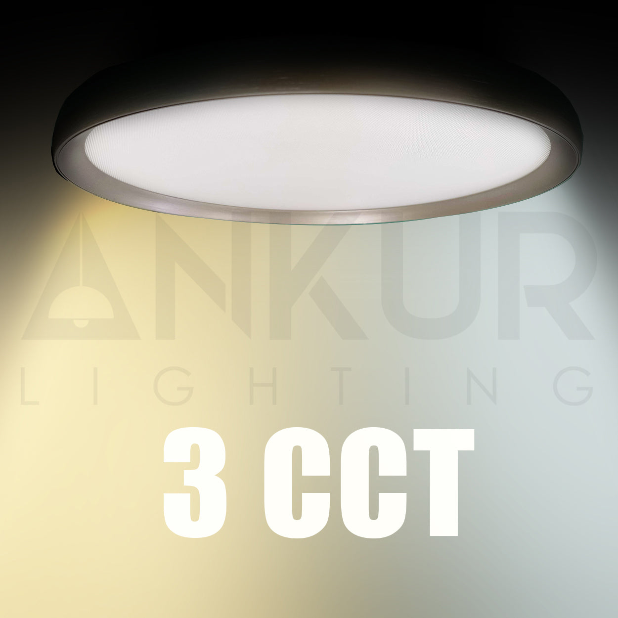 ANKUR LINDEN 3CCT LED WARM WHITE,COOL WHITE AND DAYLIGHT ALL THREE LED COLOUR IN ONE LIGHT BRUSHED GREY ROUND SURFACE CEILING LIGHT