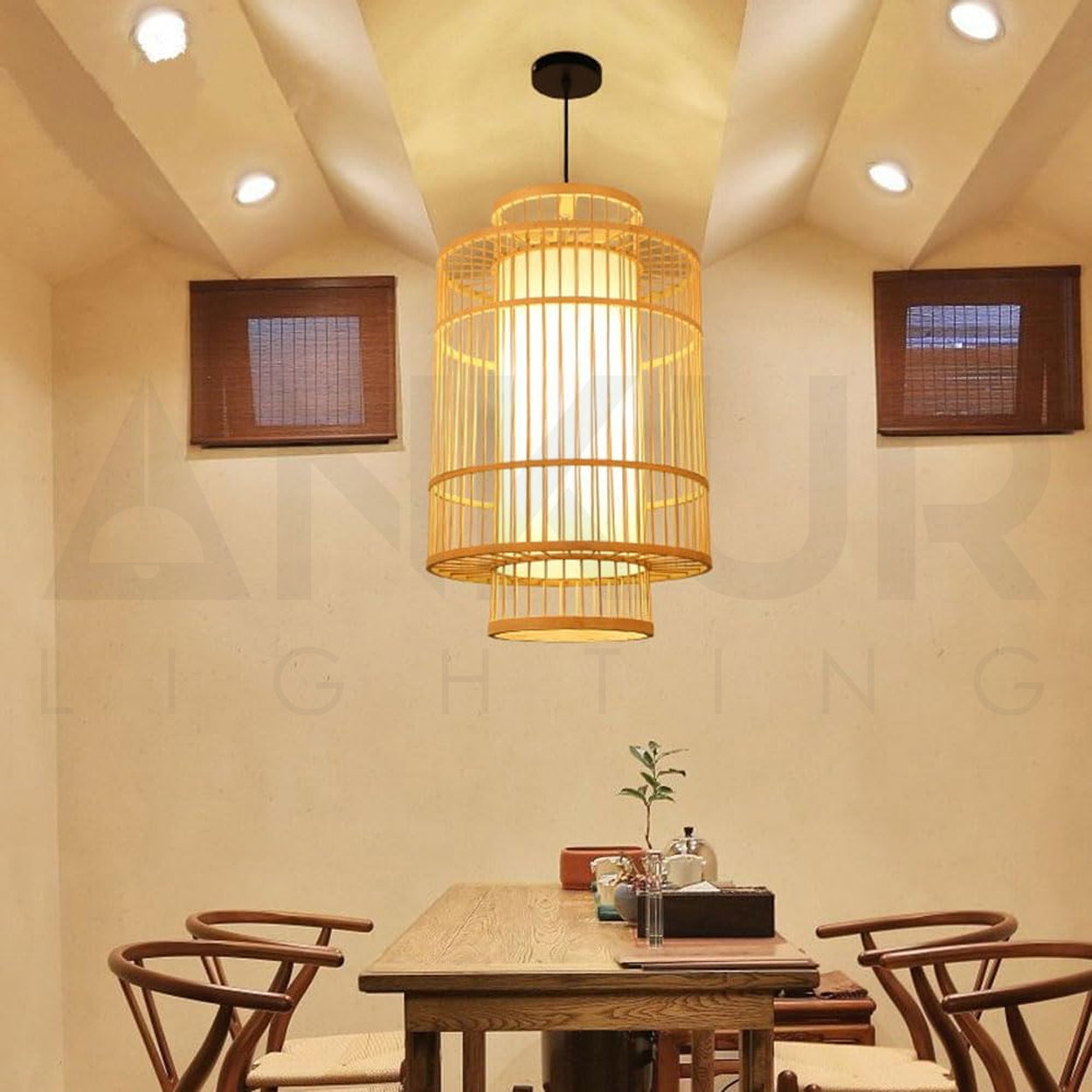 ANKUR SLAVIC NATURAL BAMBOO CANE AND FABRIC HANDMADE PENDANT LIGHT
