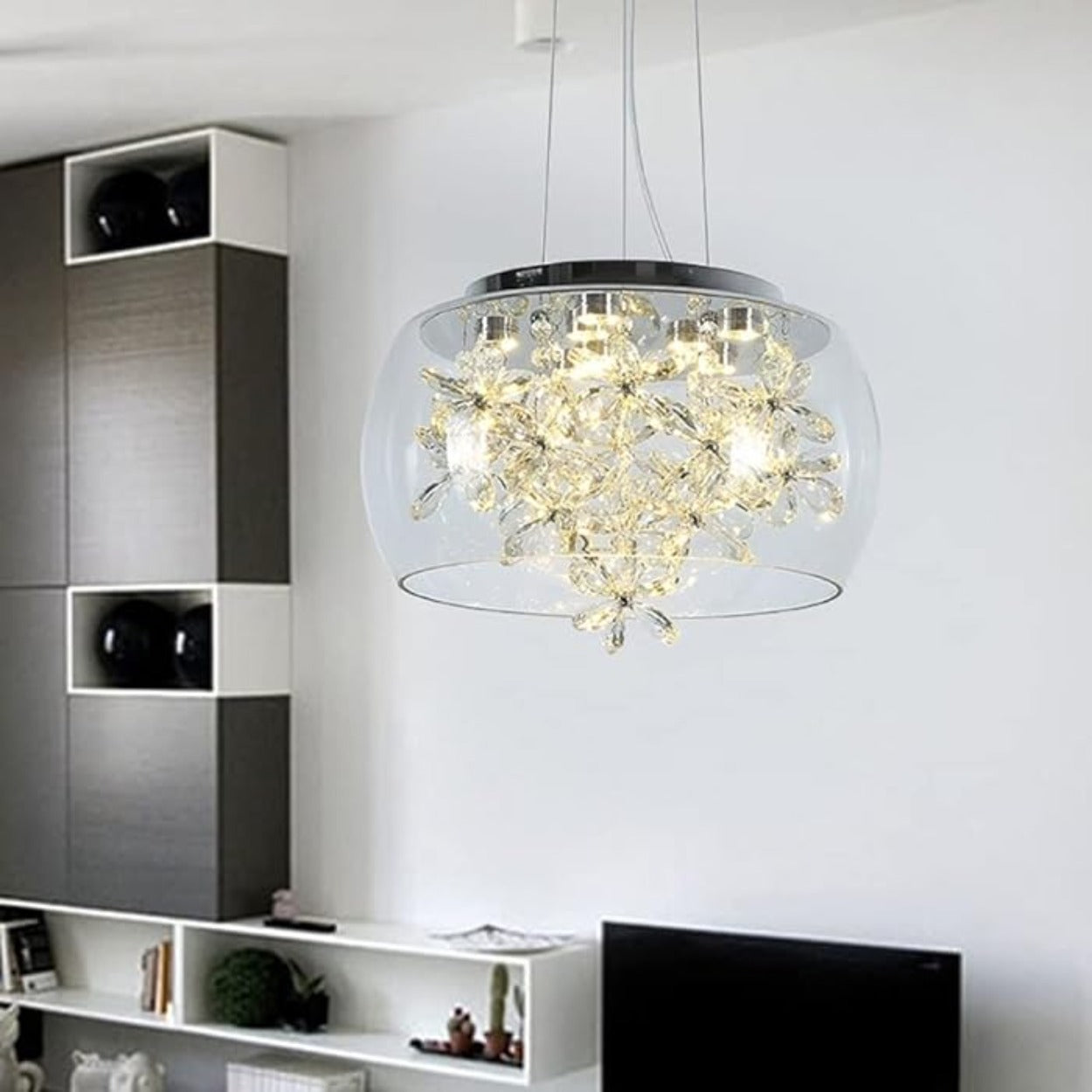 ANKUR DOMA FLORA GLASS DOME AND CRYSTAL LED HANGING CHANDELIER